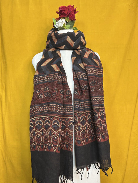Ajrakh Linen Handblock Printed Dupatta for Women