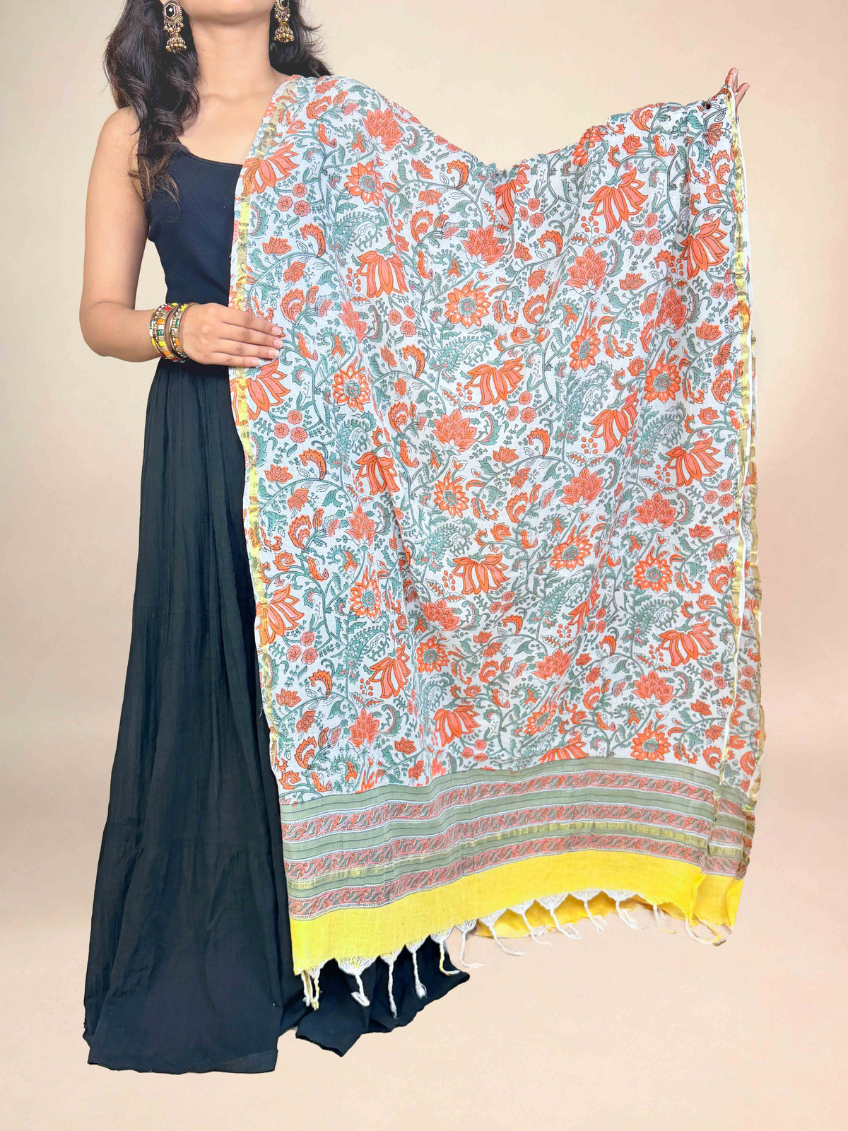 Off White Anokhi Handblock Printed Cotton Dupatta