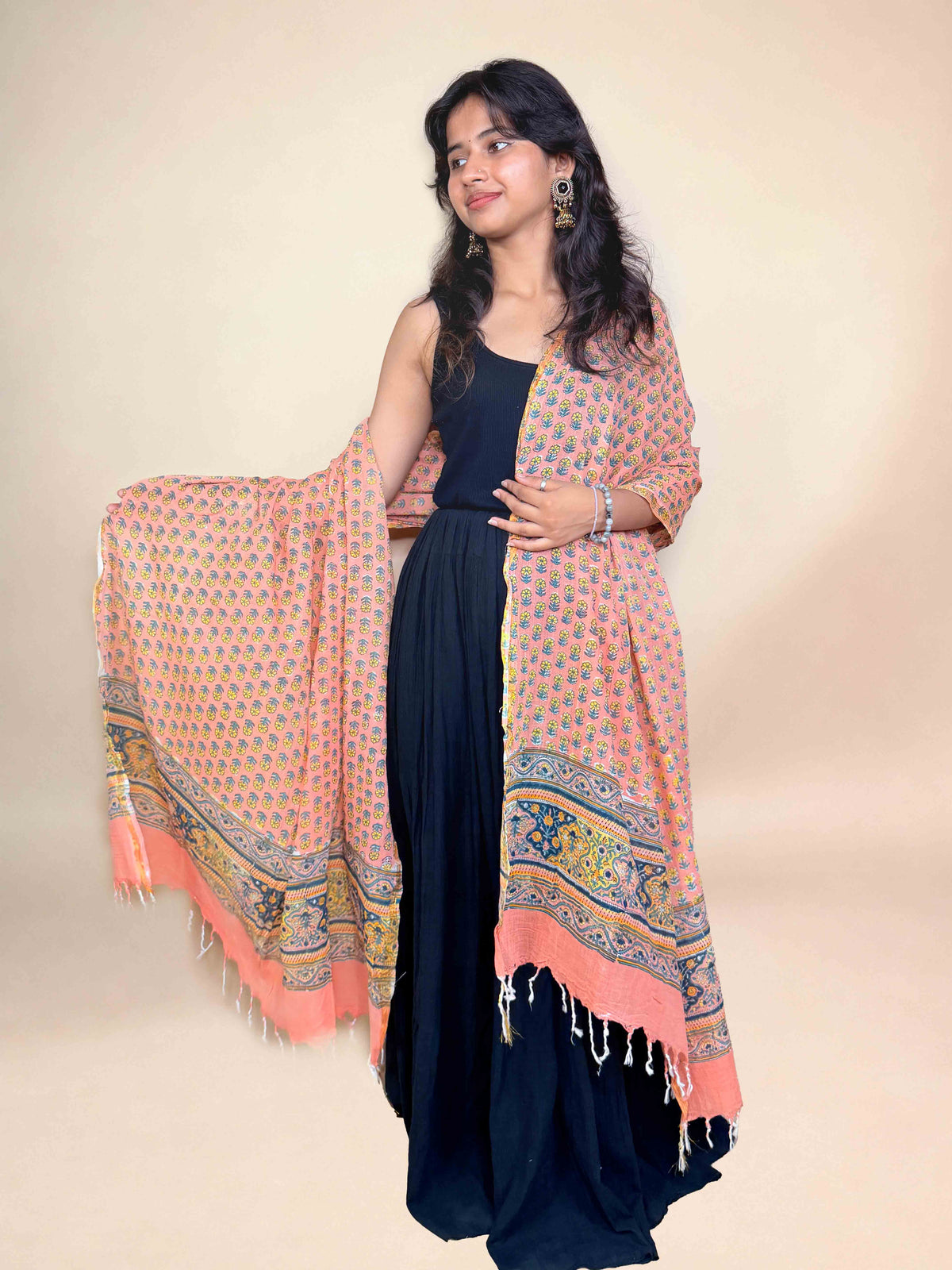 Warm Peach Anokhi Handblock Printed Cotton Dupatta