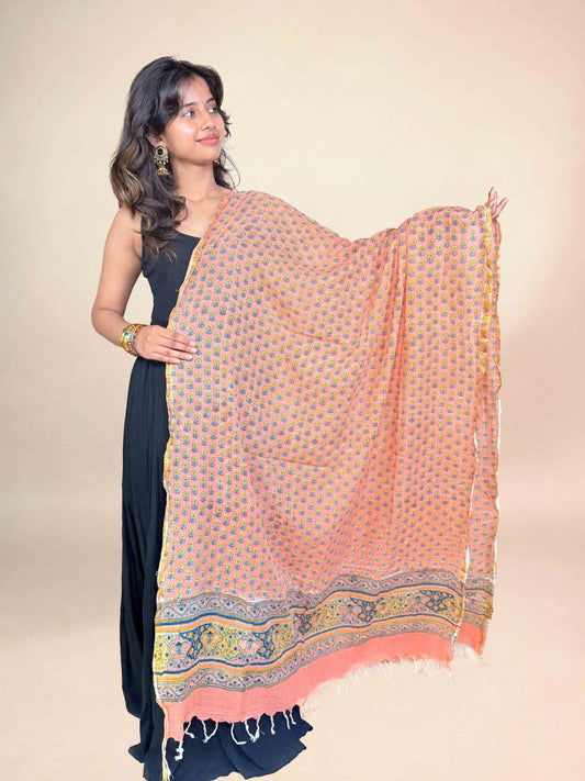 Warm Peach Anokhi Handblock Printed Cotton Dupatta
