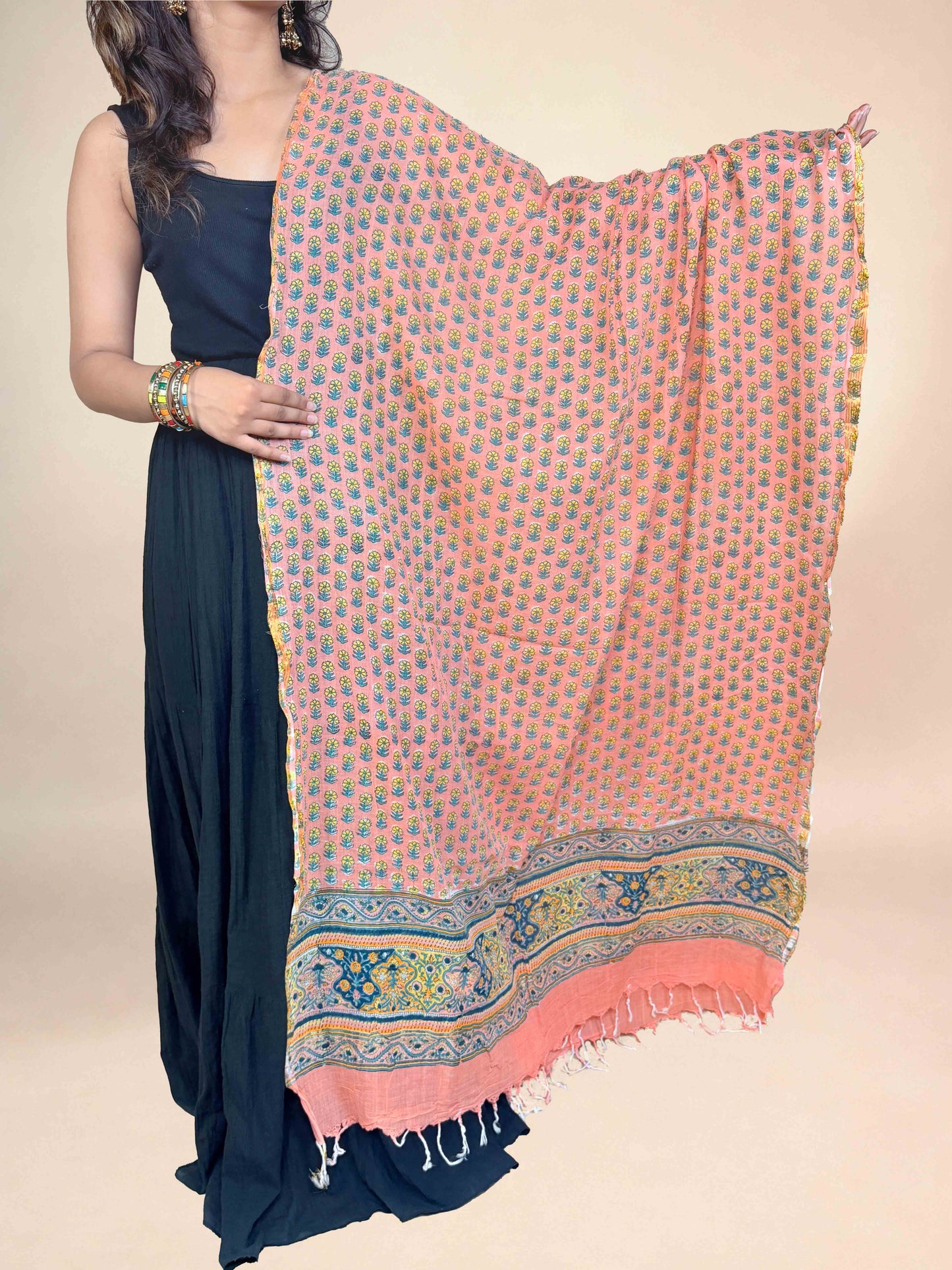 Warm Peach Anokhi Handblock Printed Cotton Dupatta