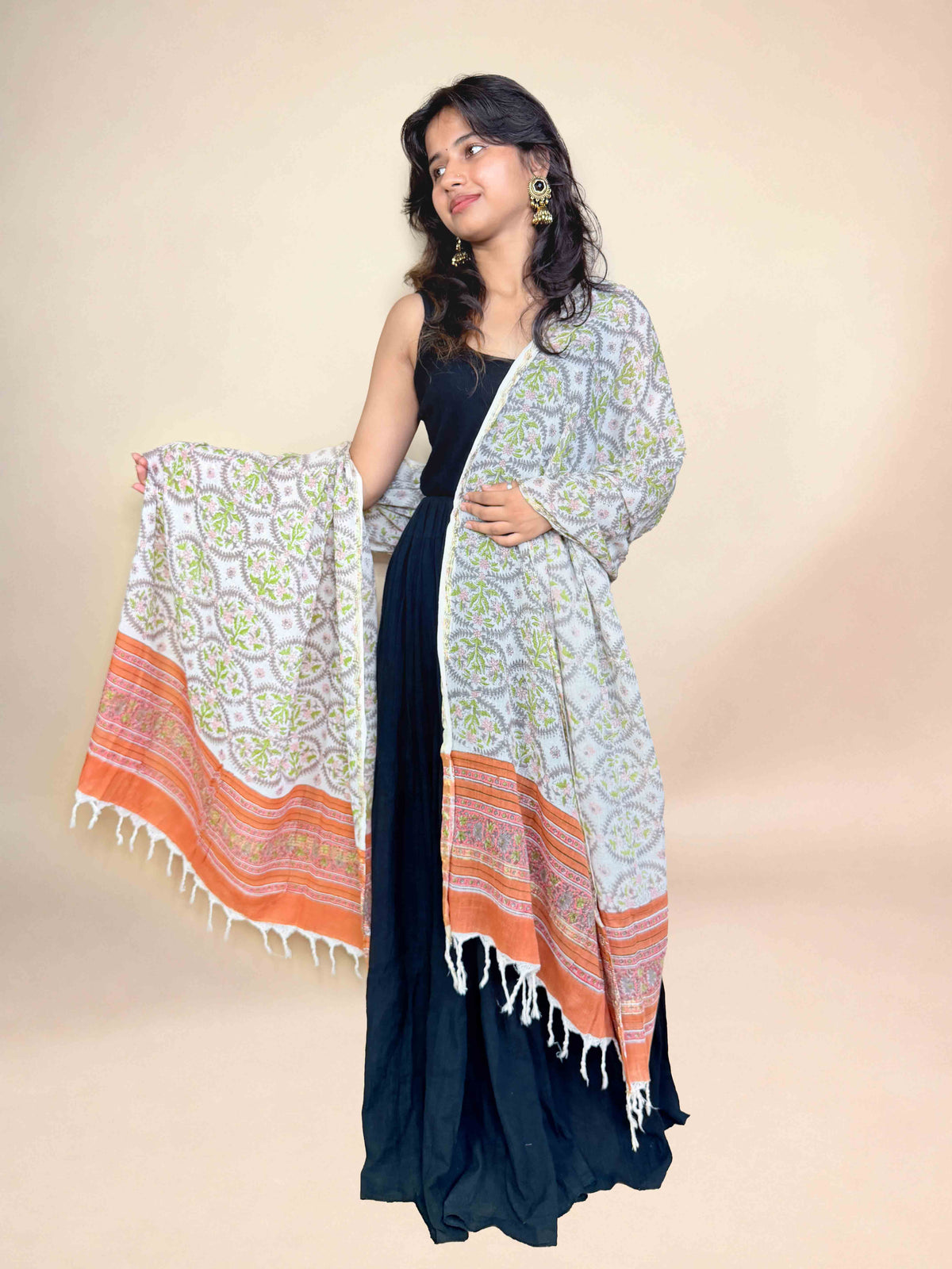 White Anokhi Handblock Printed Cotton Dupatta