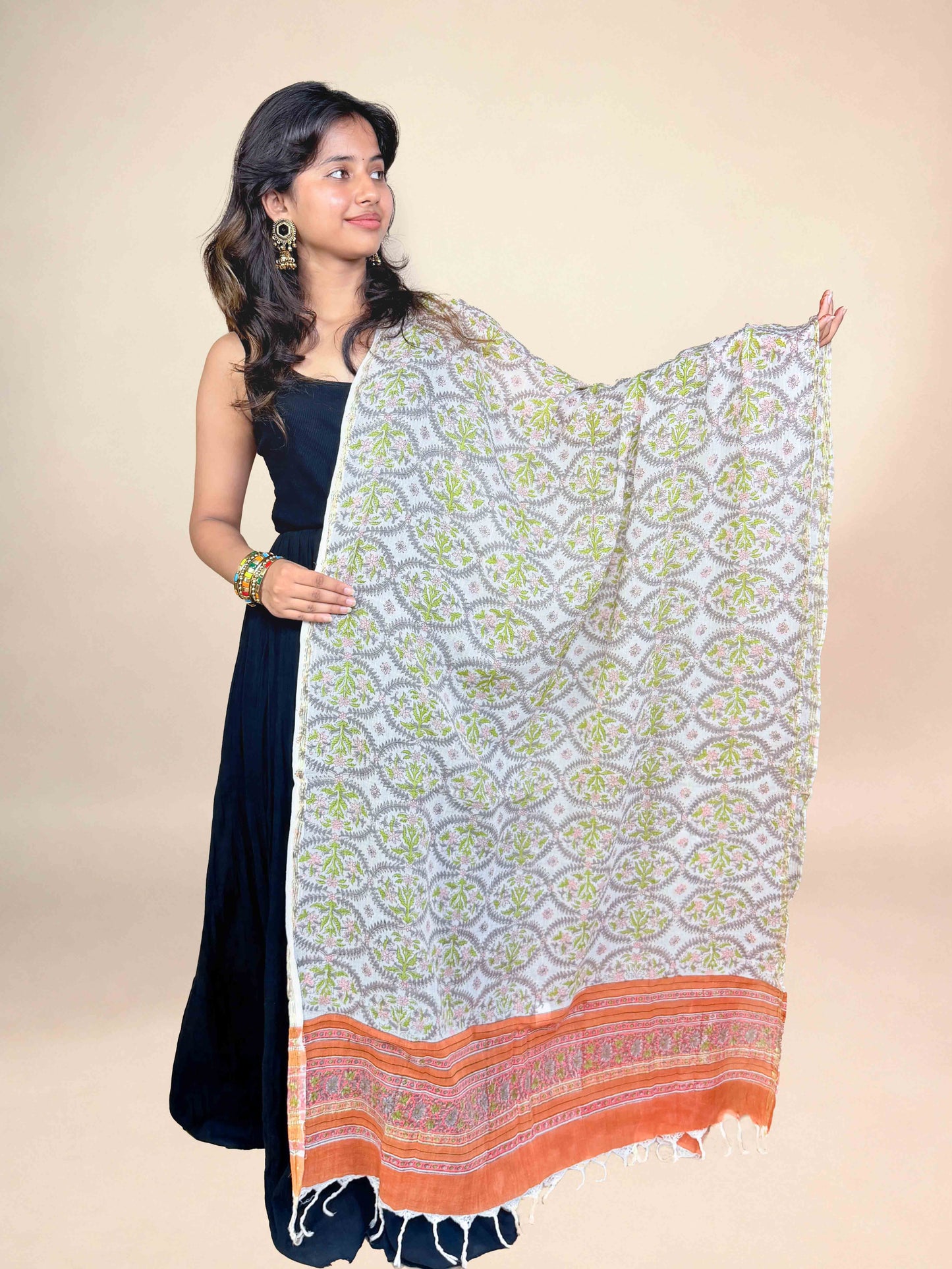 White Anokhi Handblock Printed Cotton Dupatta