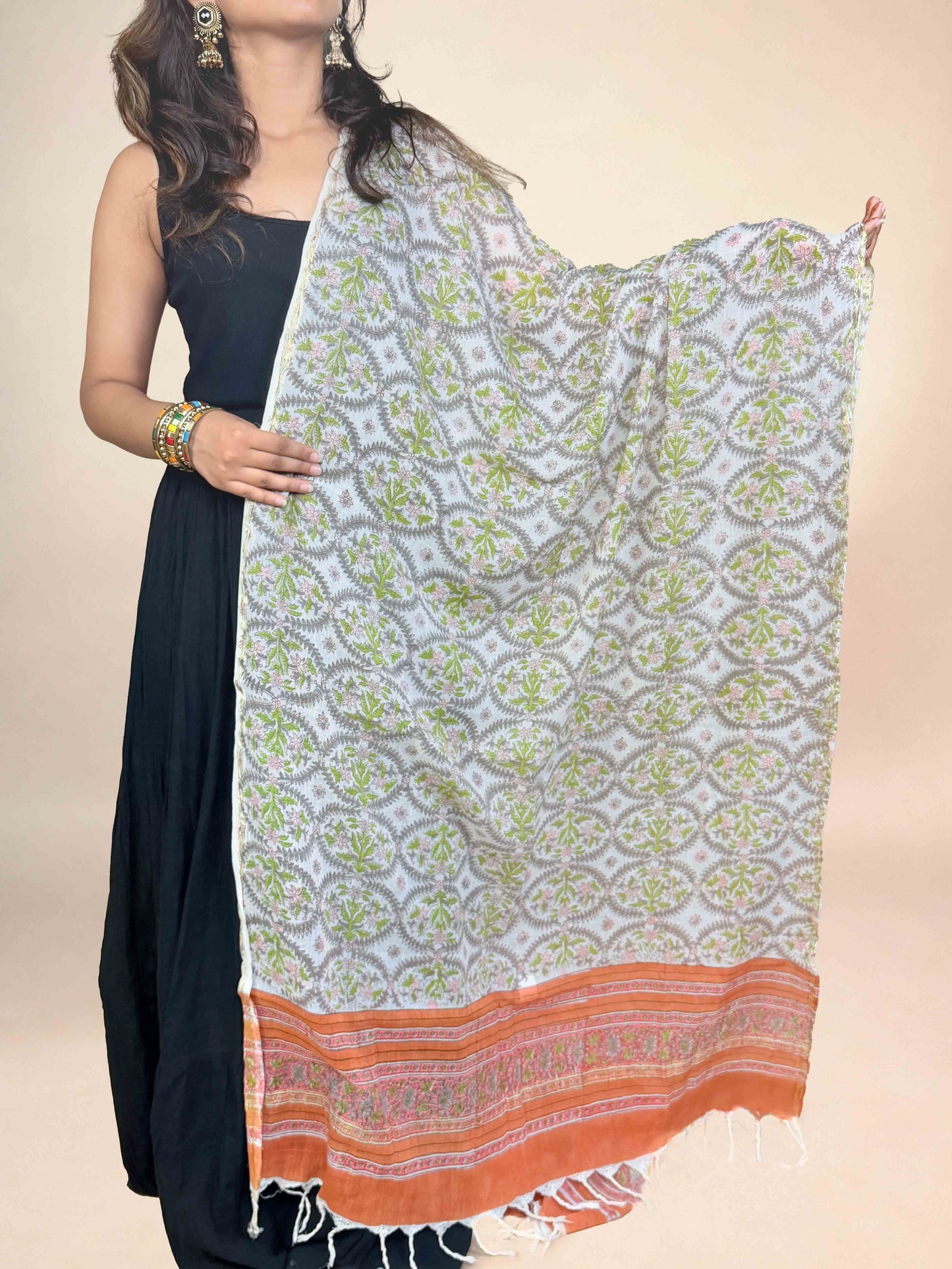White Anokhi Handblock Printed Cotton Dupatta