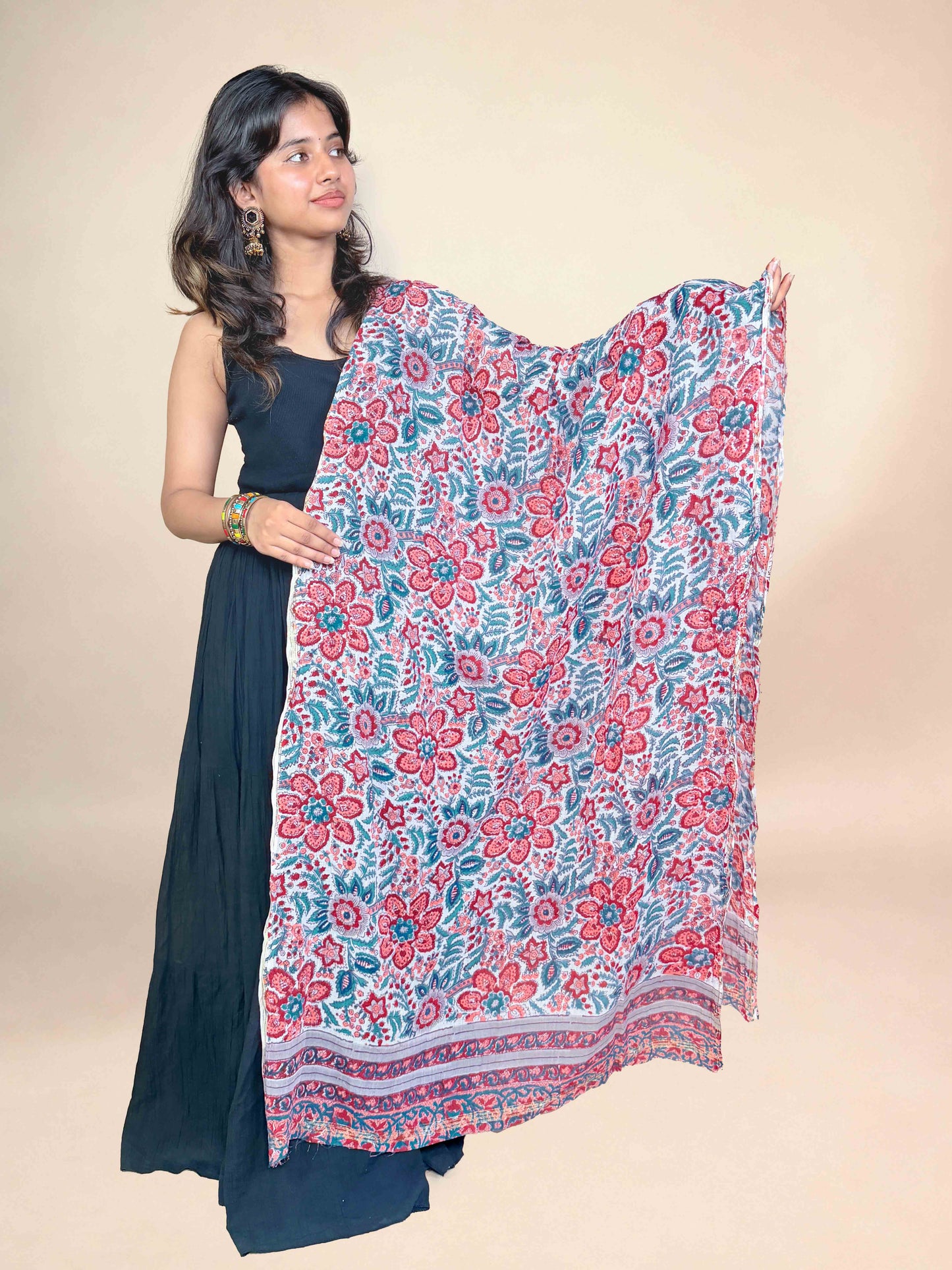White Anokhi handblock printed cotton dupatta