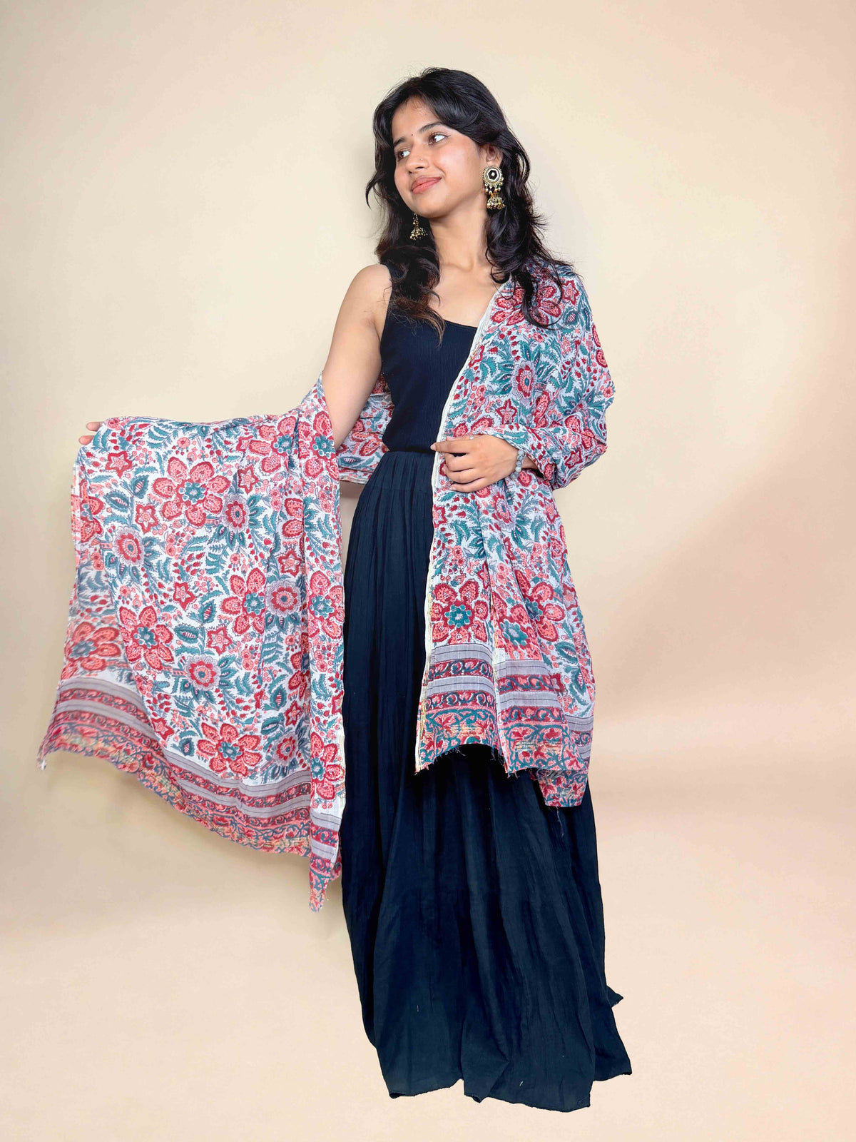 White Anokhi handblock printed cotton dupatta