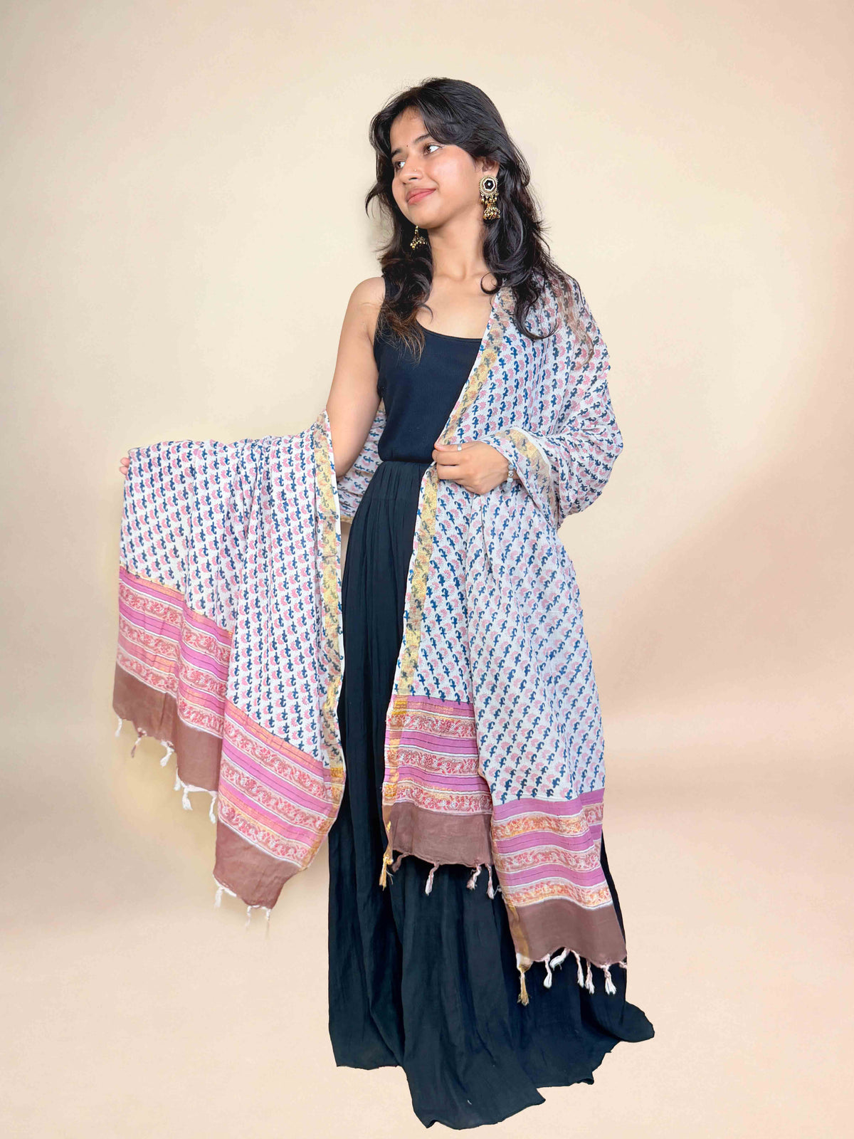 Off White Anokhi handblock printed cotton dupatta