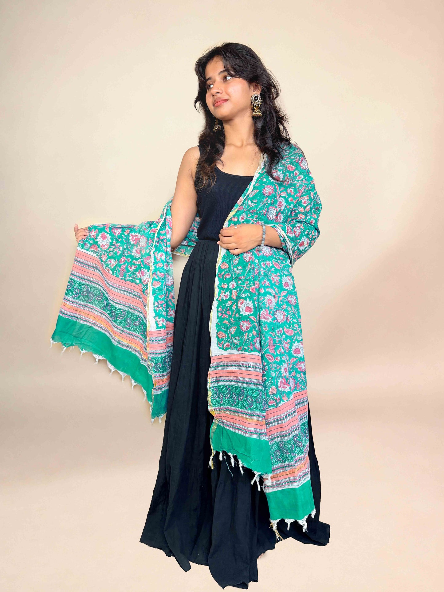 Teal Green Anokhi handblock printed cotton dupatta