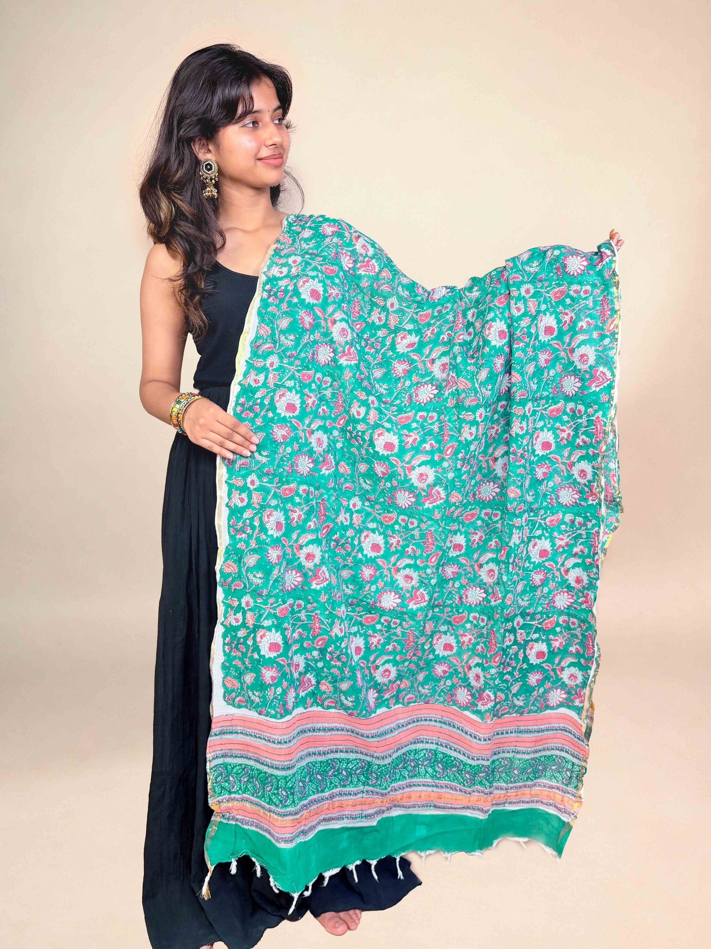 Teal Green Anokhi handblock printed cotton dupatta