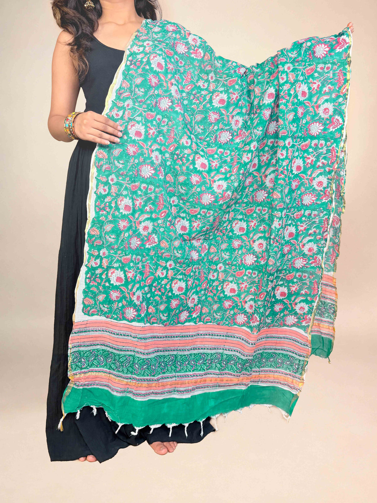 Teal Green Anokhi handblock printed cotton dupatta