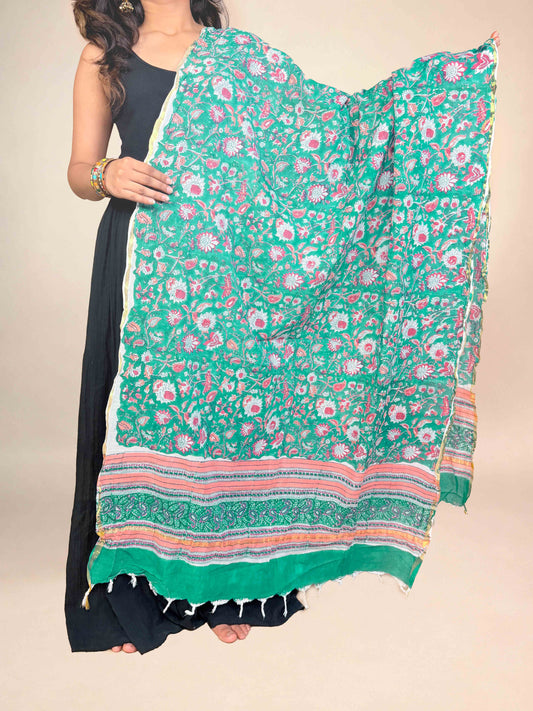 Teal Green Anokhi handblock printed cotton dupatta
