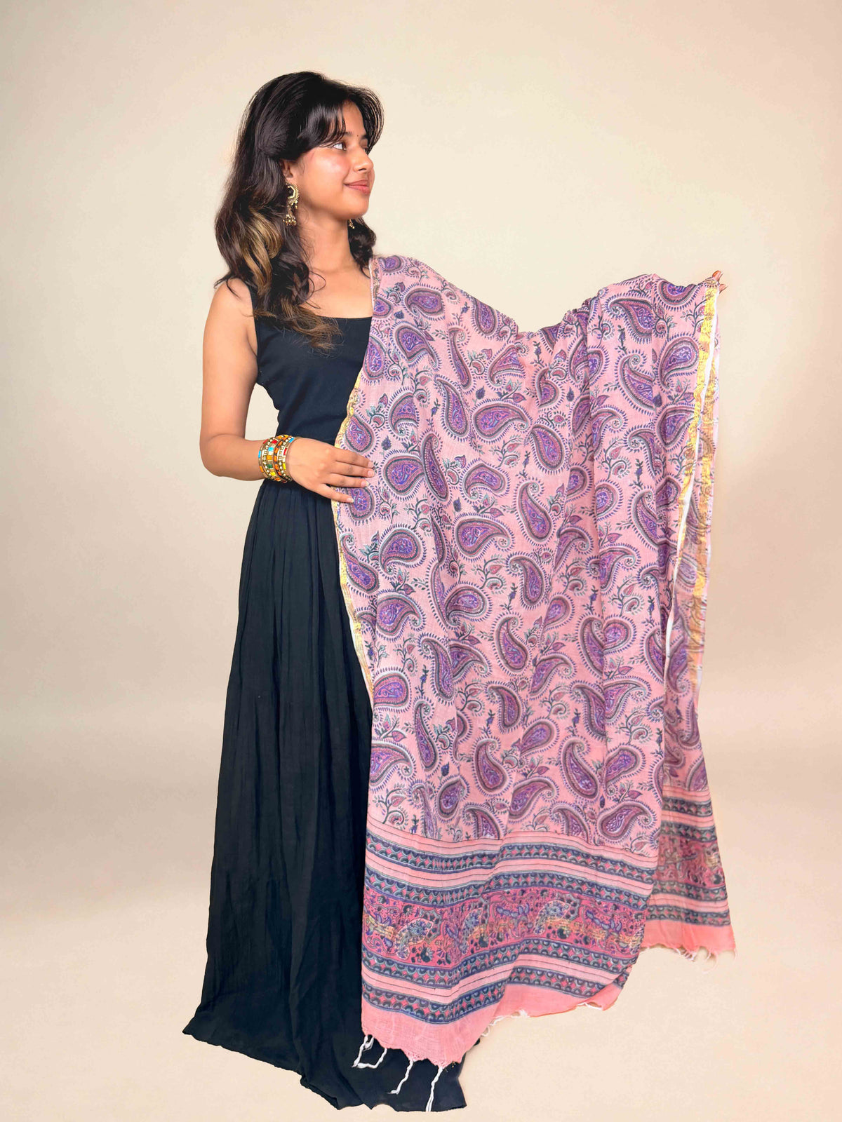 Dusty Blush Pink Anokhi Handblock Printed Cotton Dupatta