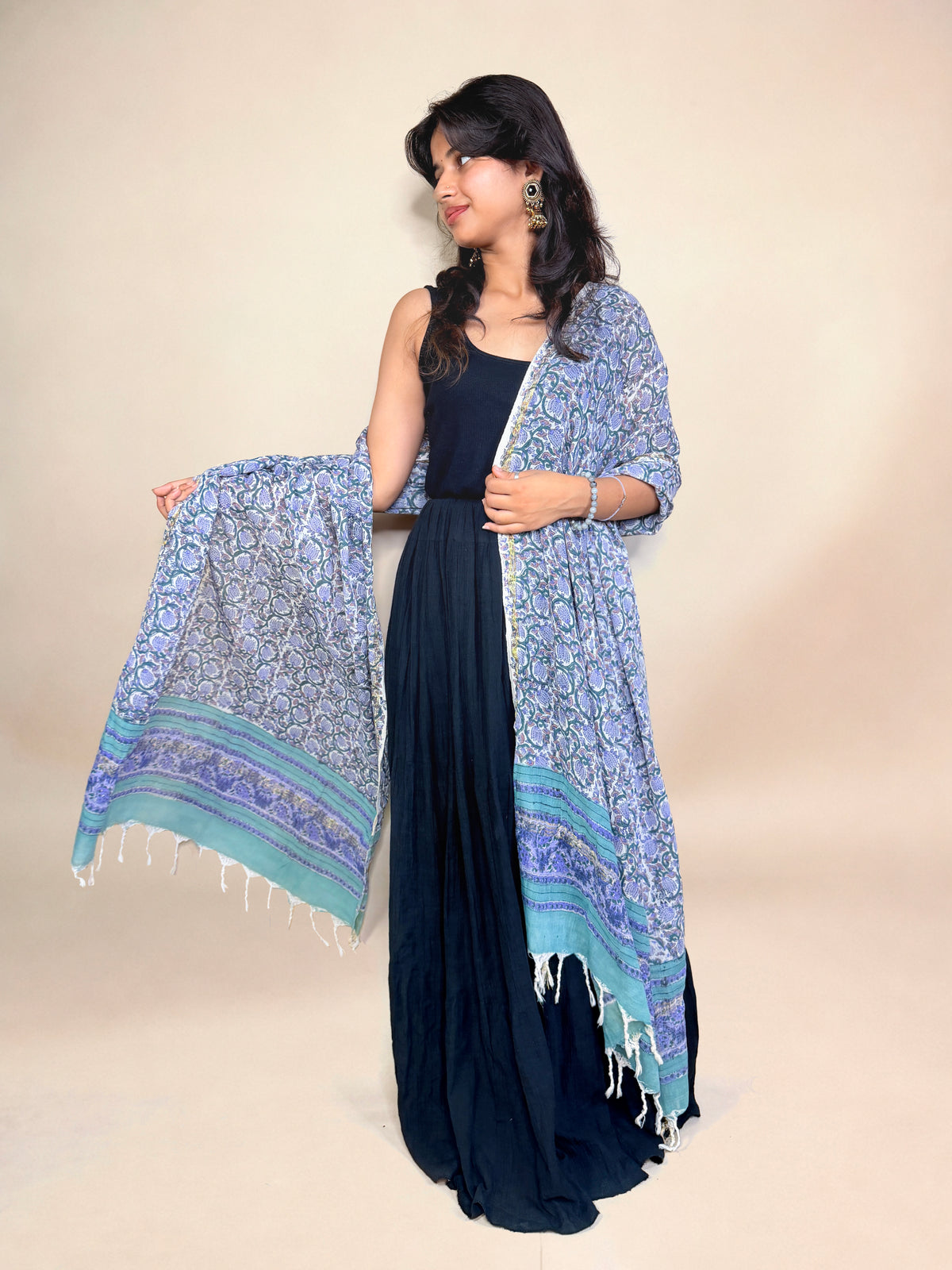 Soft Powder Blue Anokhi Handblock Printed Cotton Dupatta