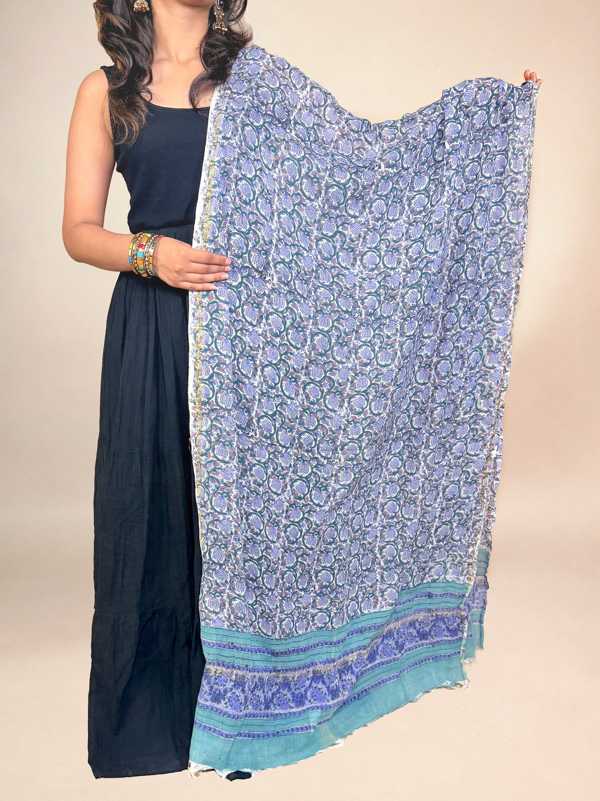 Soft Powder Blue Anokhi Handblock Printed Cotton Dupatta