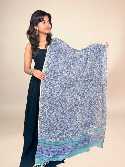 Soft Powder Blue Anokhi Handblock Printed Cotton Dupatta