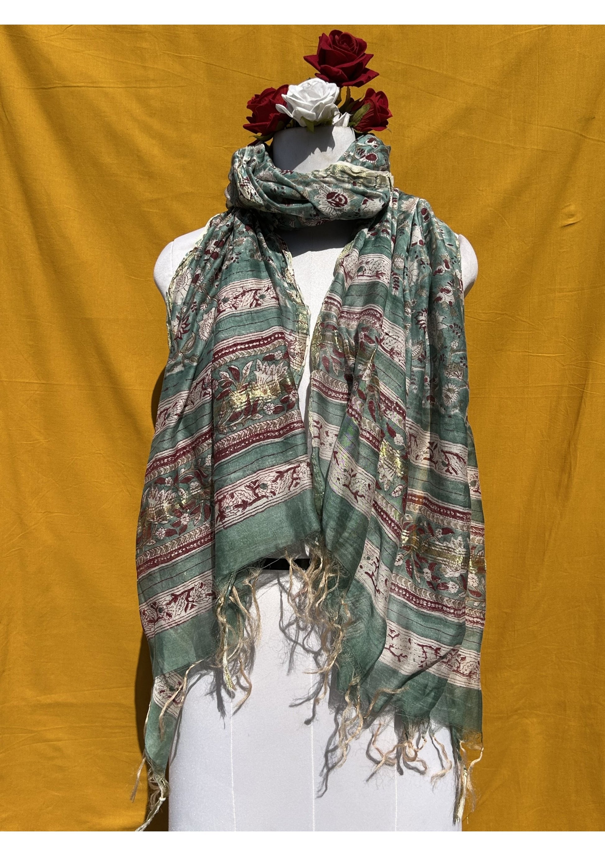 Anokhi Chanderi Handblock Printed Dupatta for Women in Green and Floral Ethnic Design