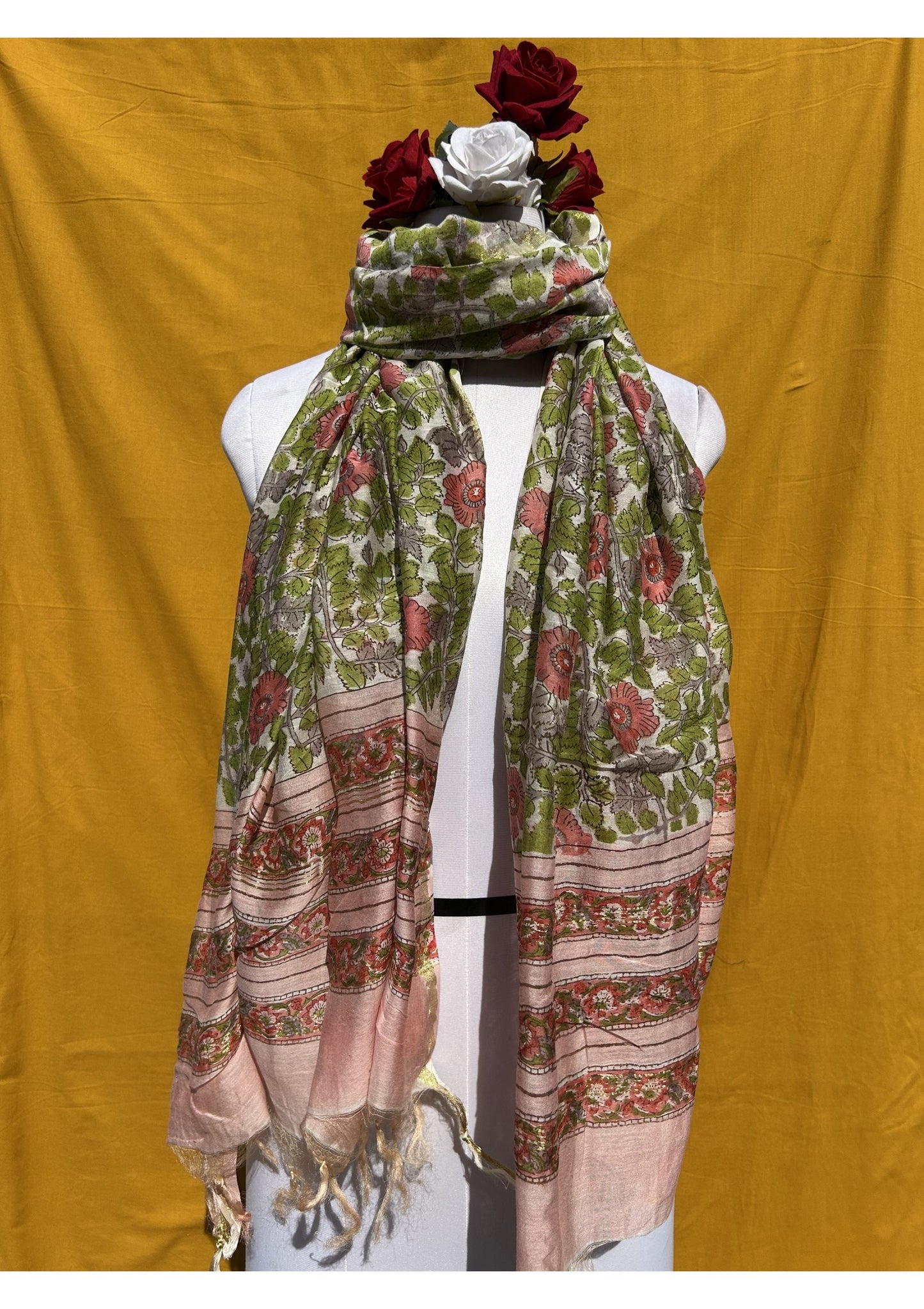 Anokhi Chanderi Handblock Printed Dupatta for Women in Green and Pink Floral Design
