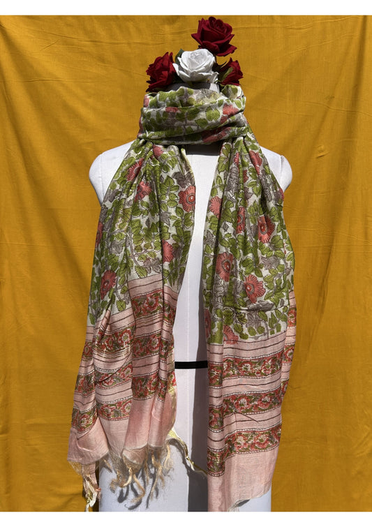 Anokhi Chanderi Handblock Printed Dupatta for Women in Green and Pink Floral Design