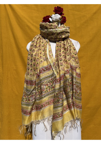 Anokhi Chanderi Handblock Printed Dupatta for Women in Yellow and Floral Ethnic Design