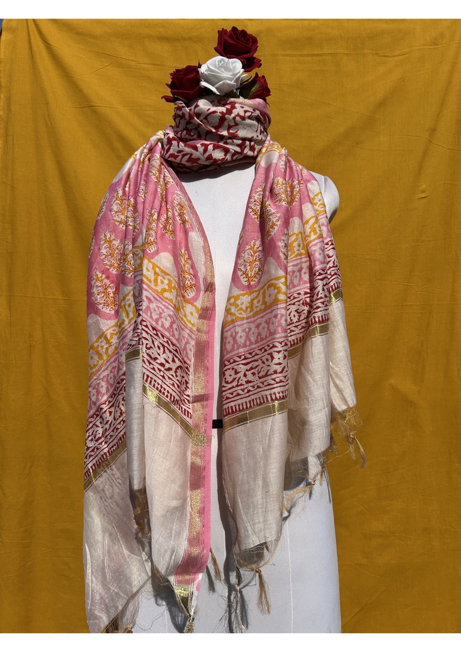Anokhi Chanderi Handblock Printed Dupatta for Women in Pink and Cream Ethnic Design
