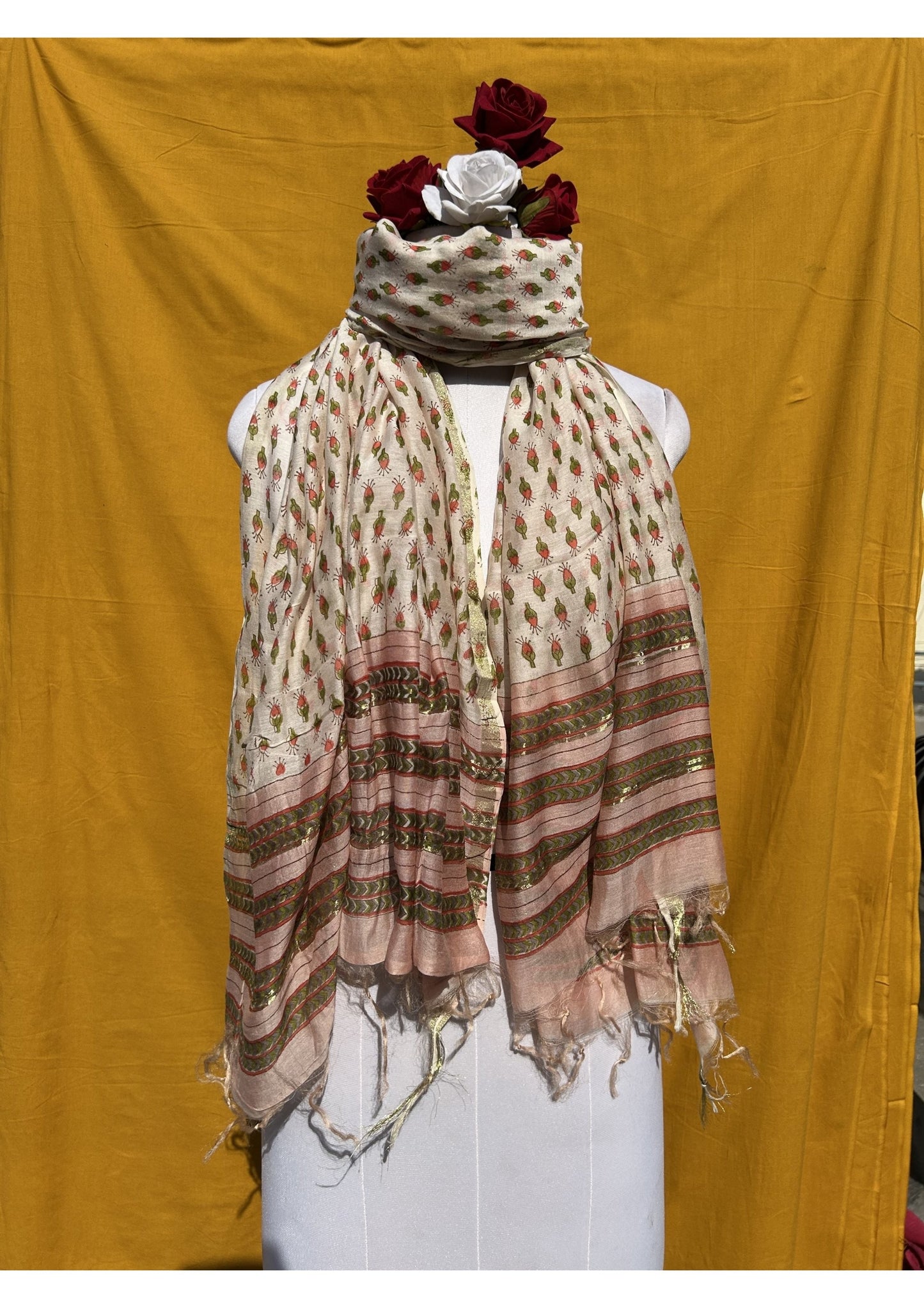 Anokhi Chanderi Handblock Printed Dupatta for Women in Cream and Pink Design