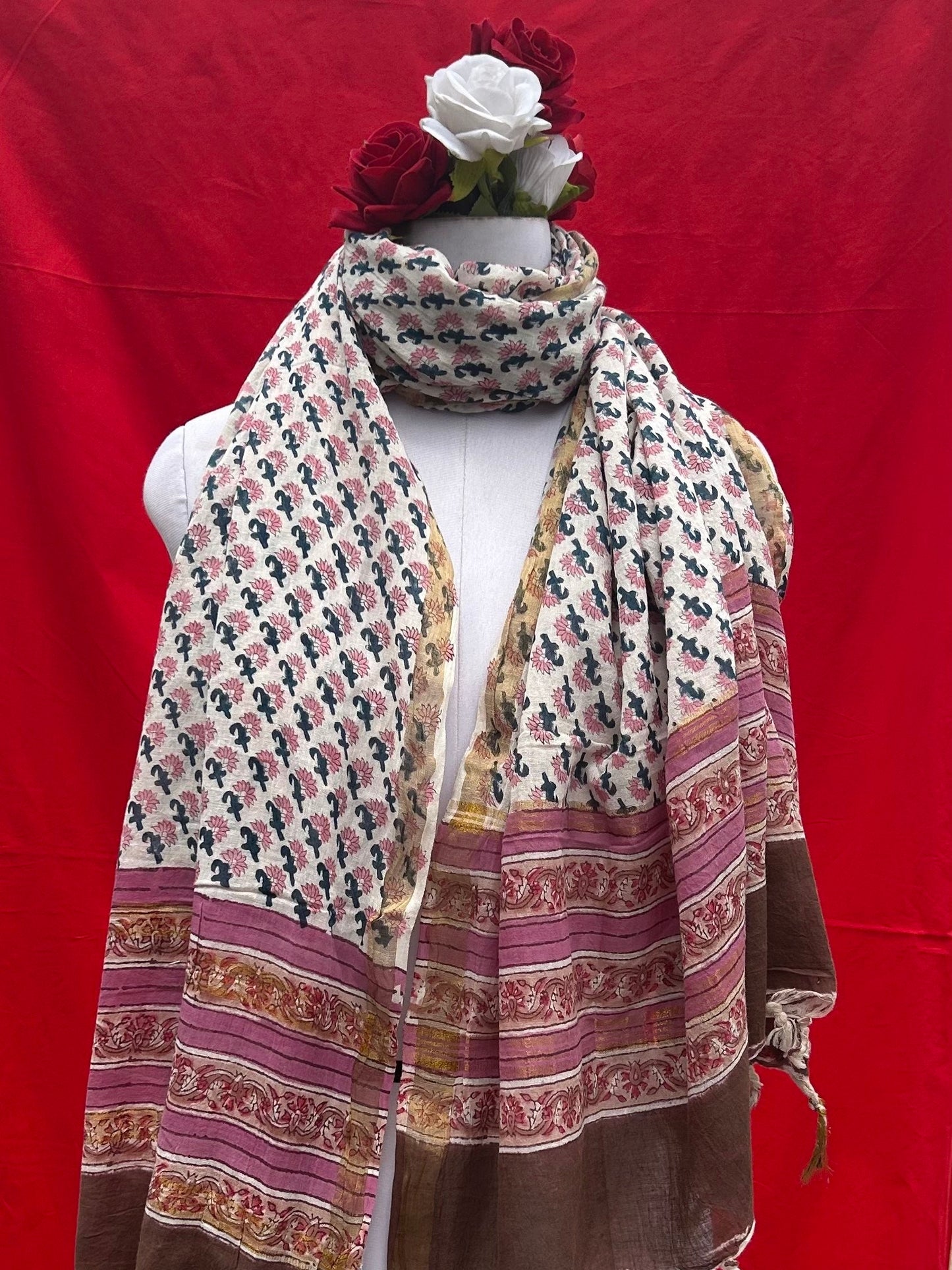 Anokhi handblock printed cotton linen dupatta