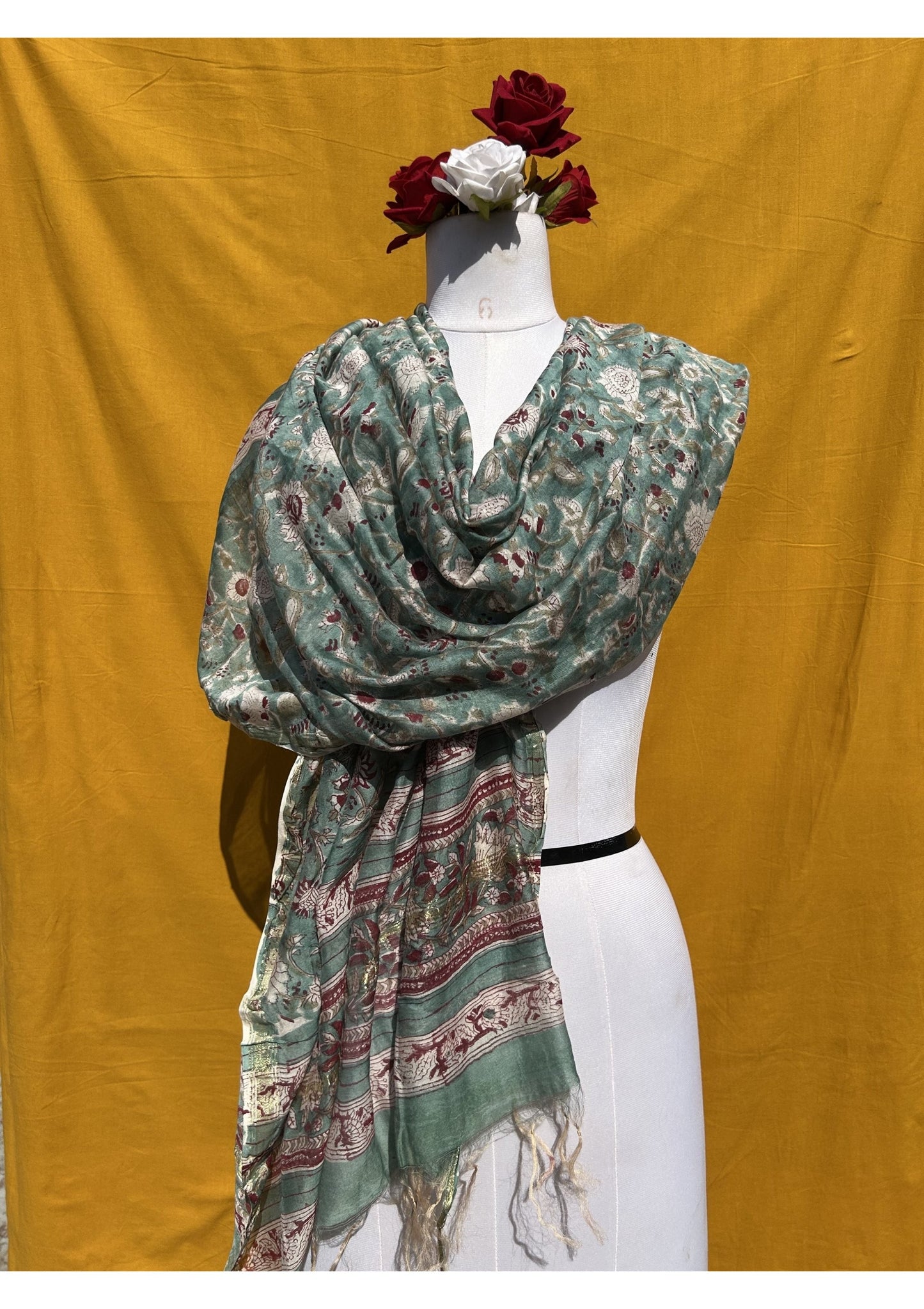 Green Anokhi Chanderi Dupatta with Traditional Floral Handblock Print