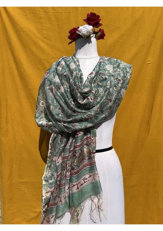 Green Anokhi Chanderi Dupatta with Traditional Floral Handblock Print