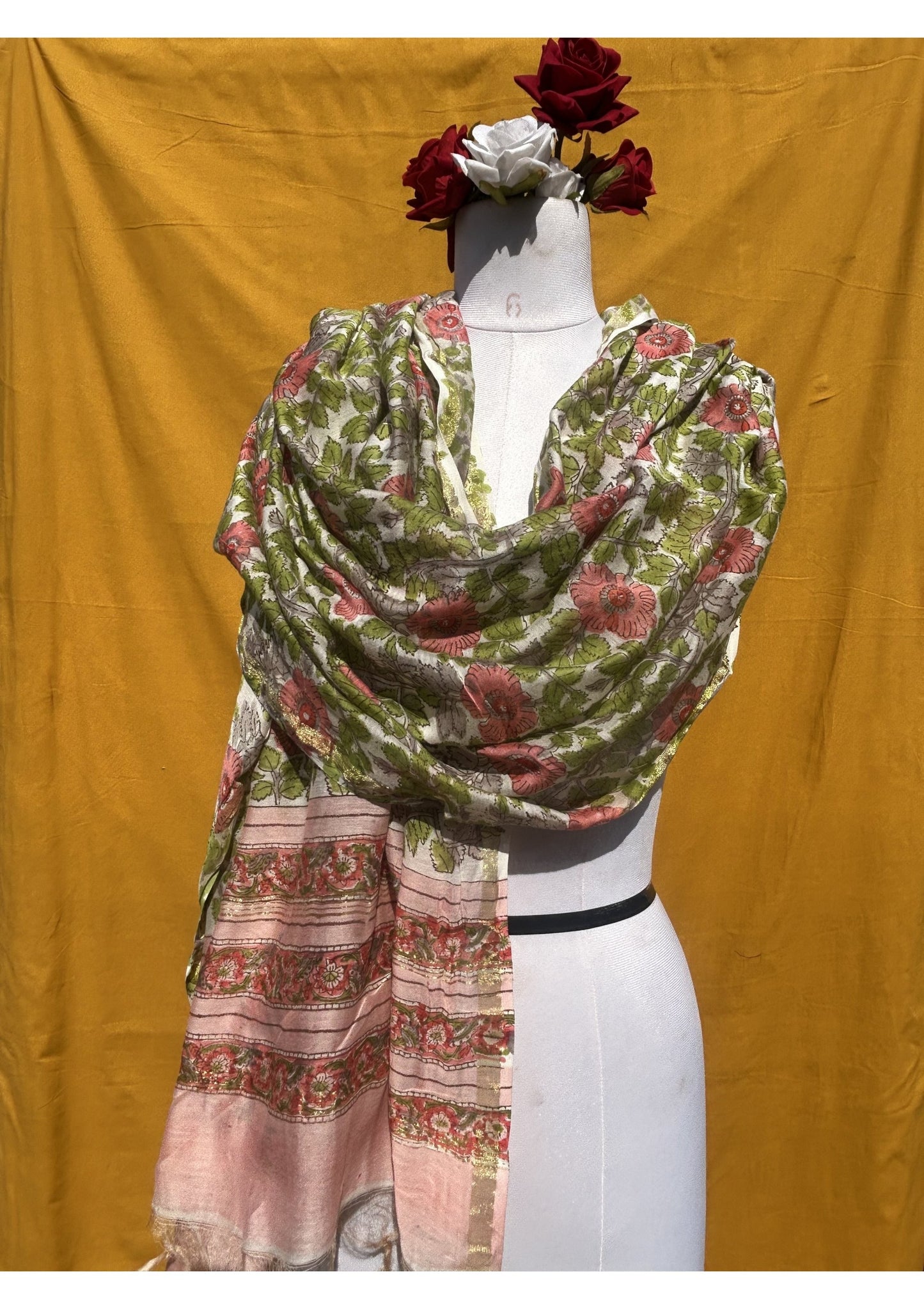 Green Floral Anokhi Chanderi Dupatta with Traditional Handblock Print
