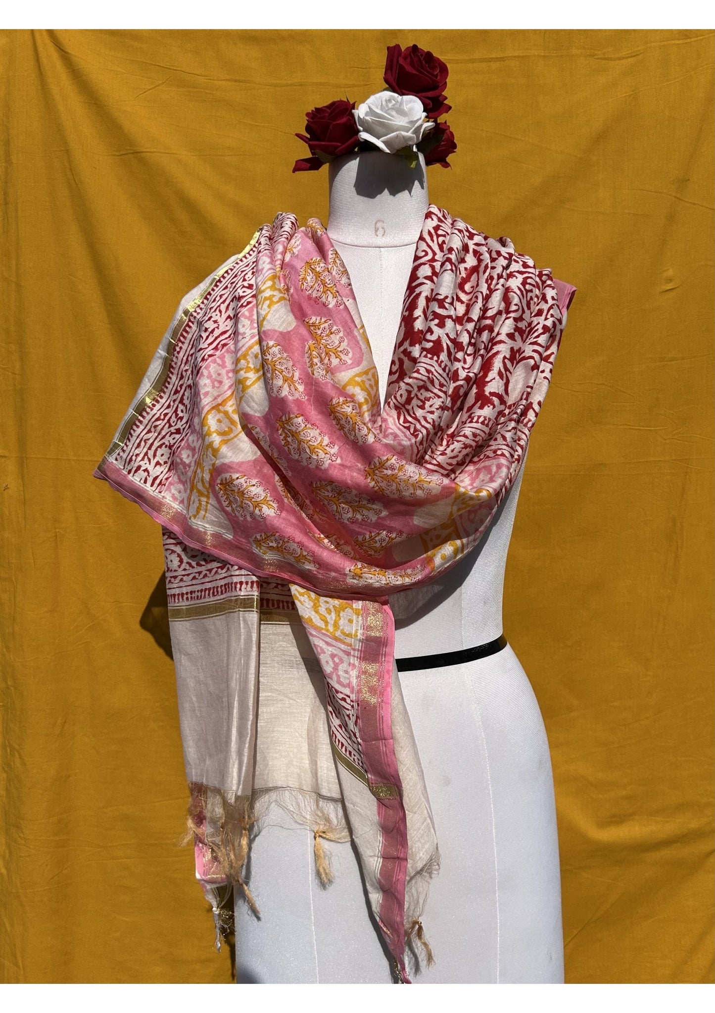 Pink Anokhi Chanderi Dupatta with Traditional Handblock Print