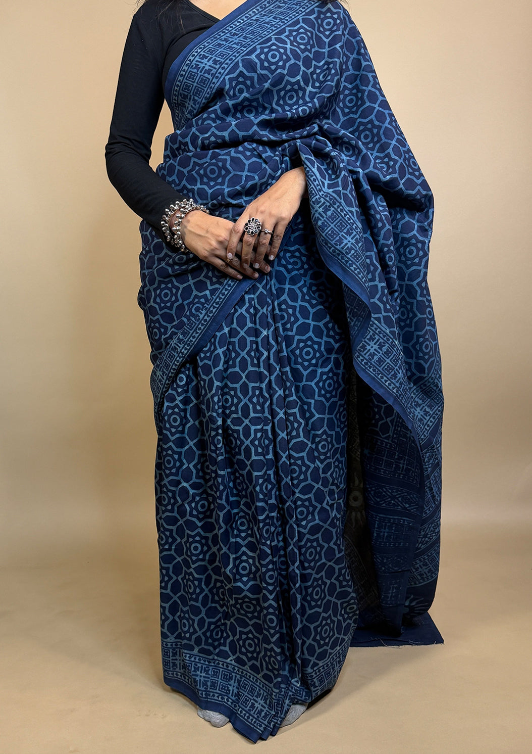 Assam Silk Handblock Printed Saree Blue