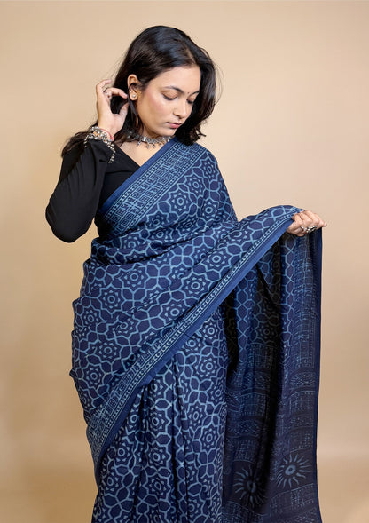 Assam Silk Handblock Printed Saree Blue