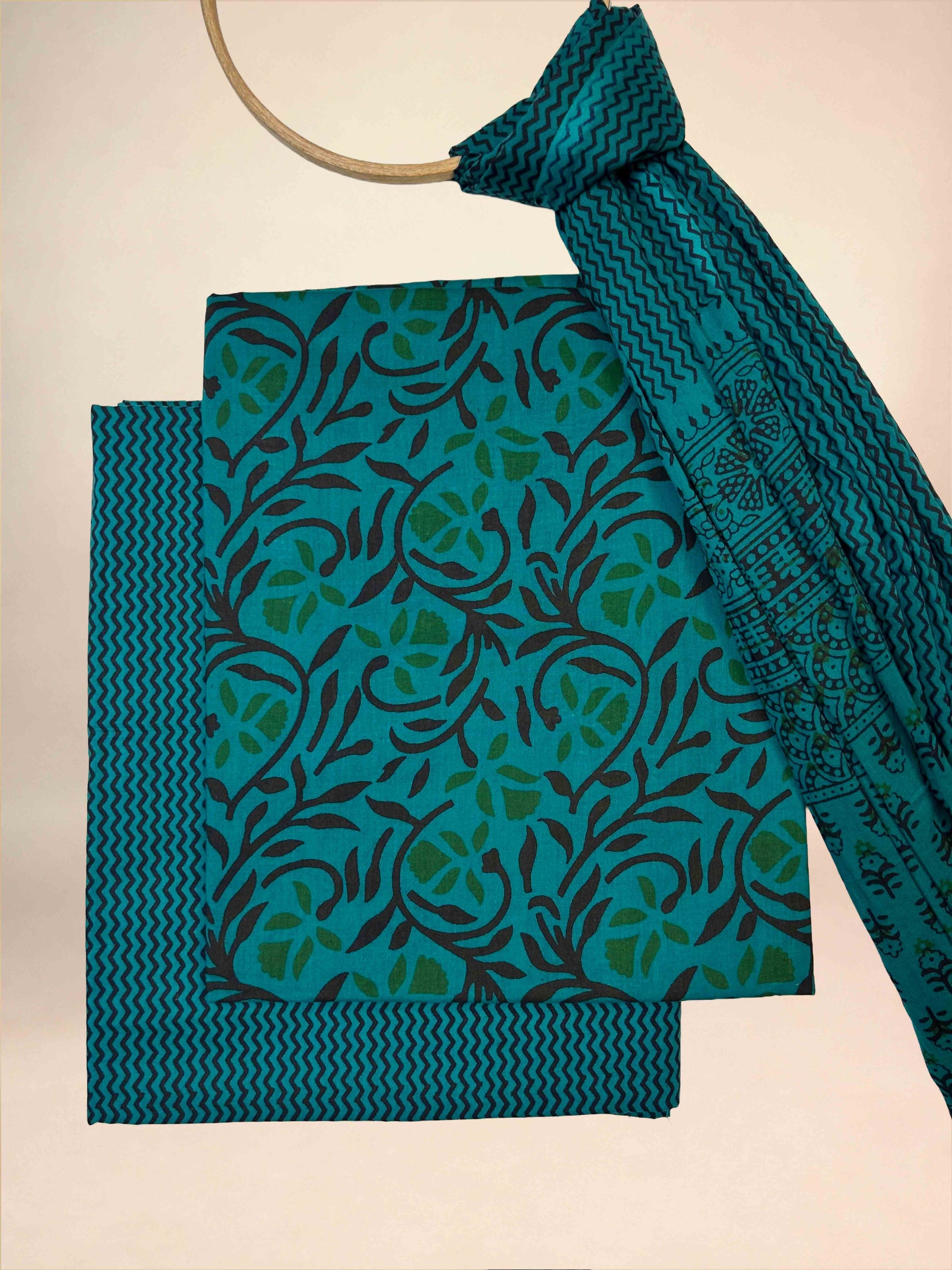 Multicolor Banjara Handblock Printed Cotton Suit Set | Teal Blue