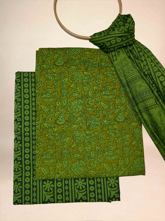 Multicolor Banjara Handblock Printed Cotton Suit Set | Moss Green