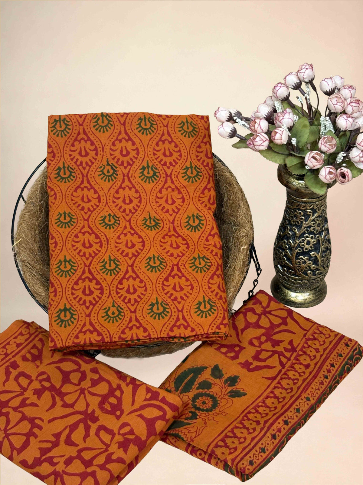 Rust Orange Banjara Handblock Printed Cotton Suit Set