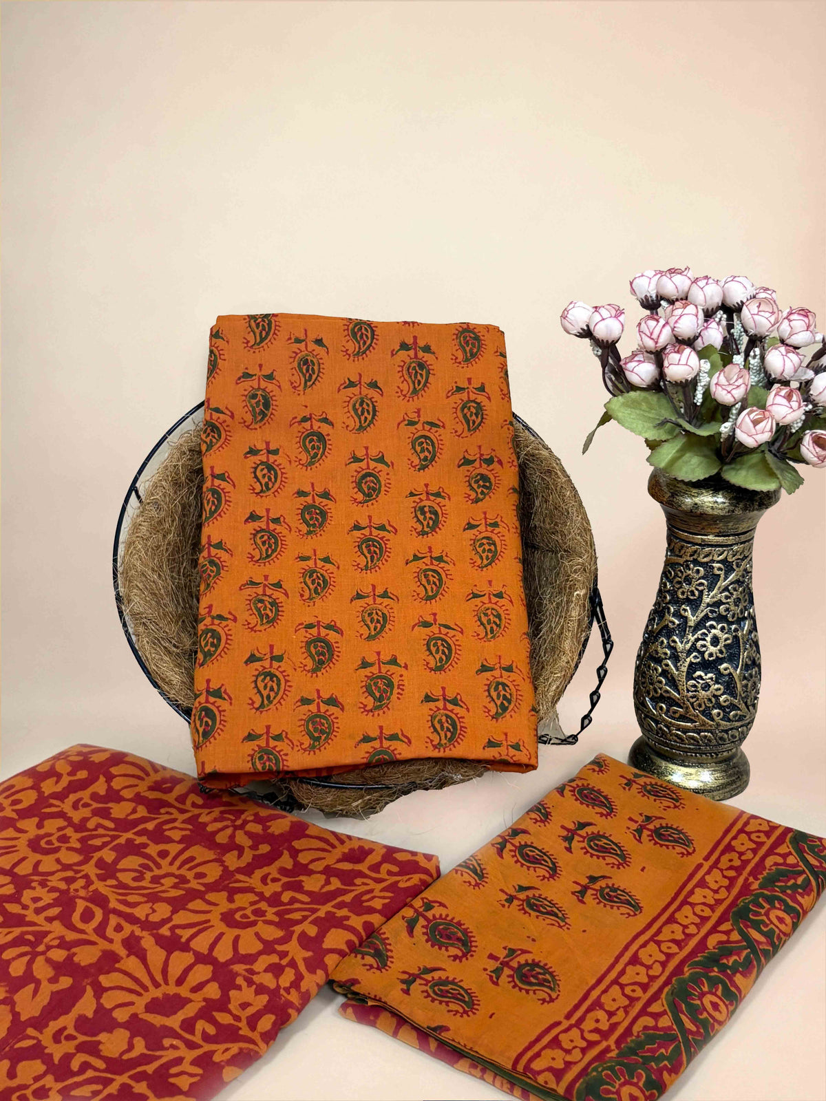 Rust Orange Banjara Handblock Printed Cotton Suit Set