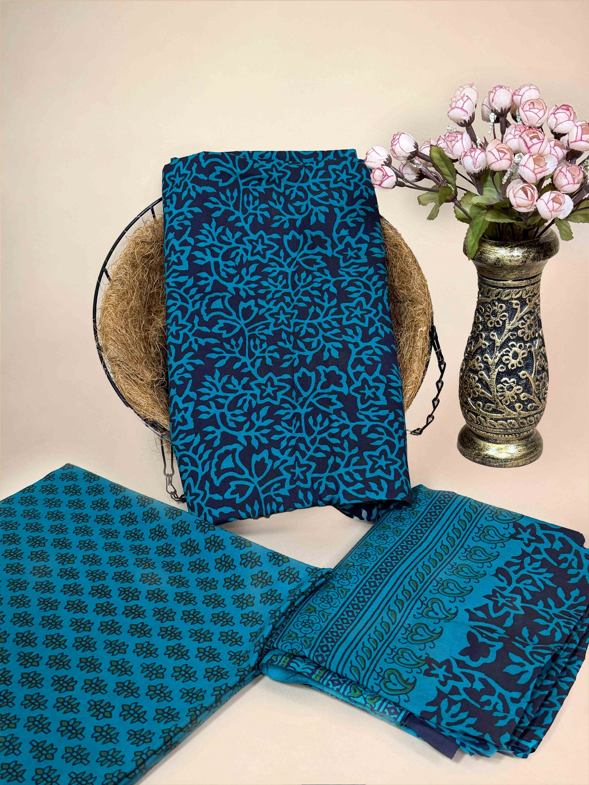 Teal Blue Banjara Handblock Printed Cotton Suit Set