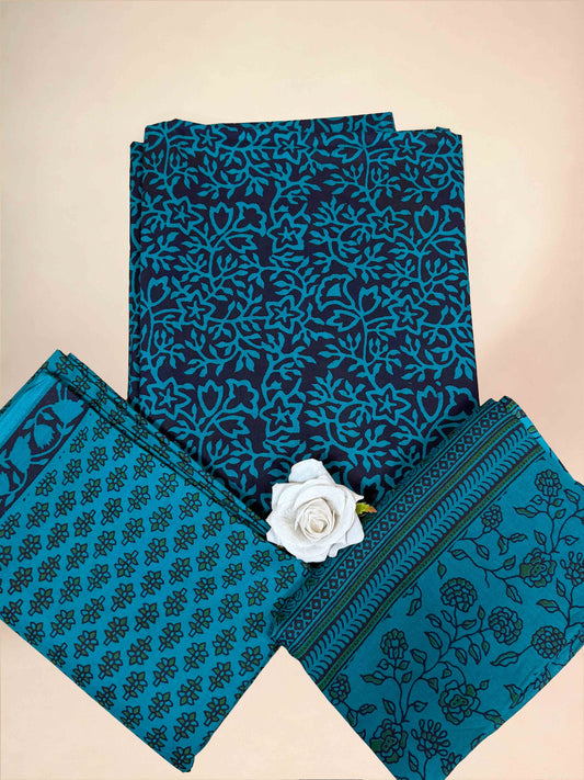 Teal Blue Banjara Handblock Printed Cotton Suit Set