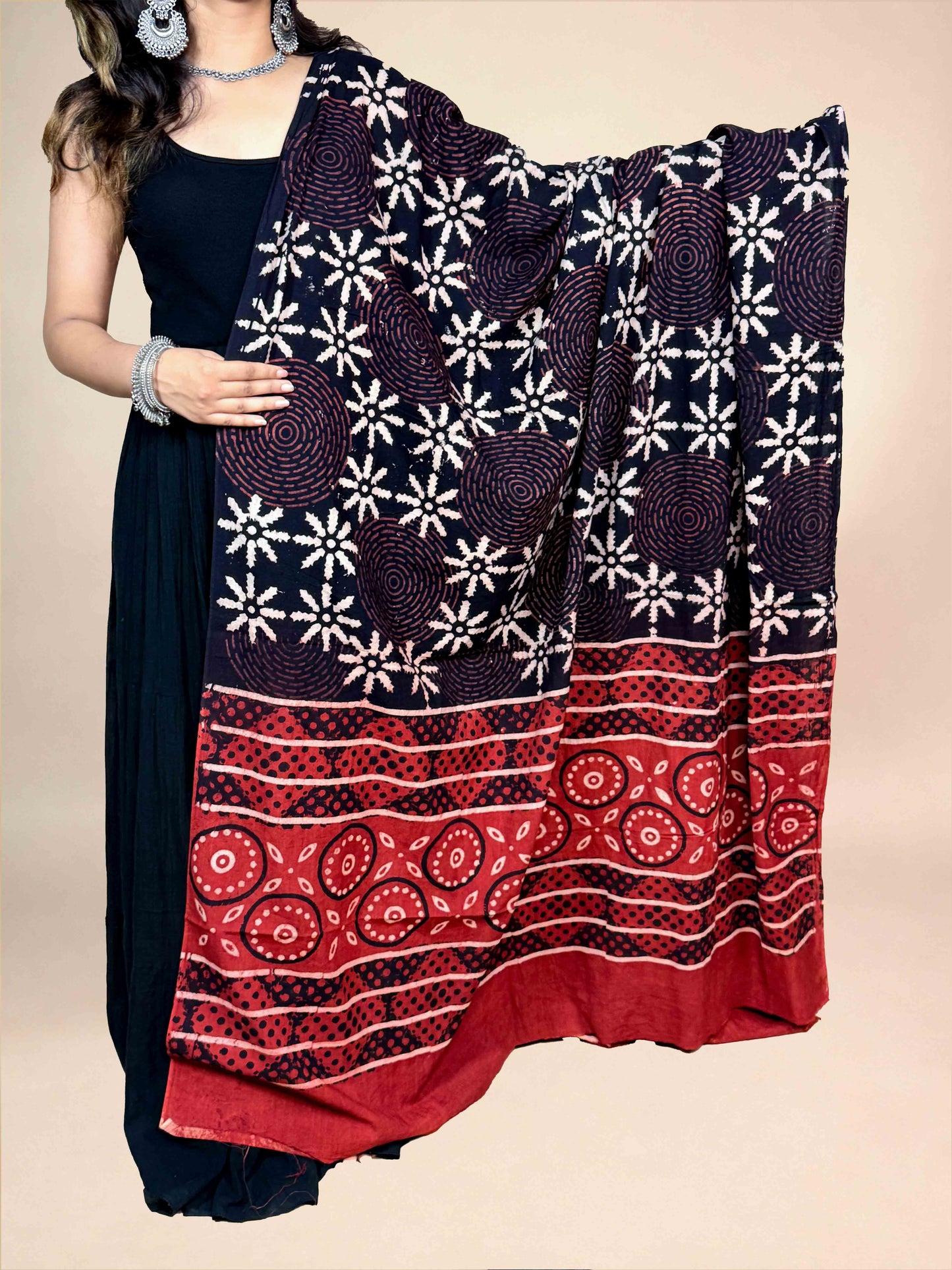 Black And Maroon Handblock Printed Cotton Dupatta