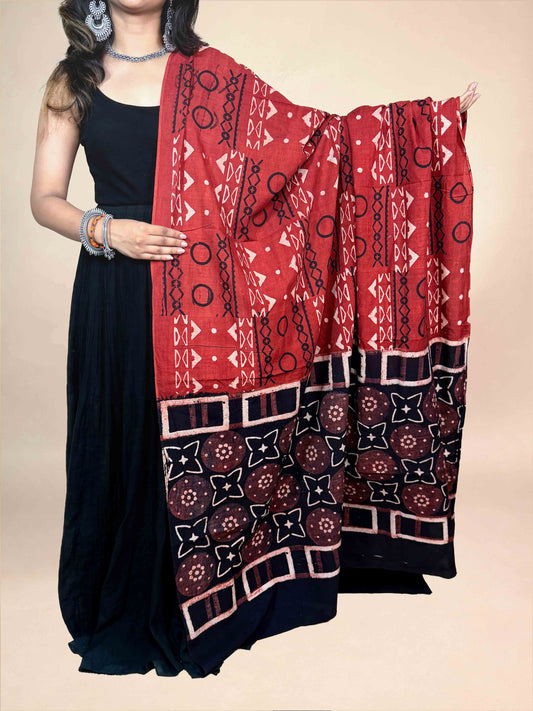 Black And Maroon Handblock Printed Cotton Dupatta