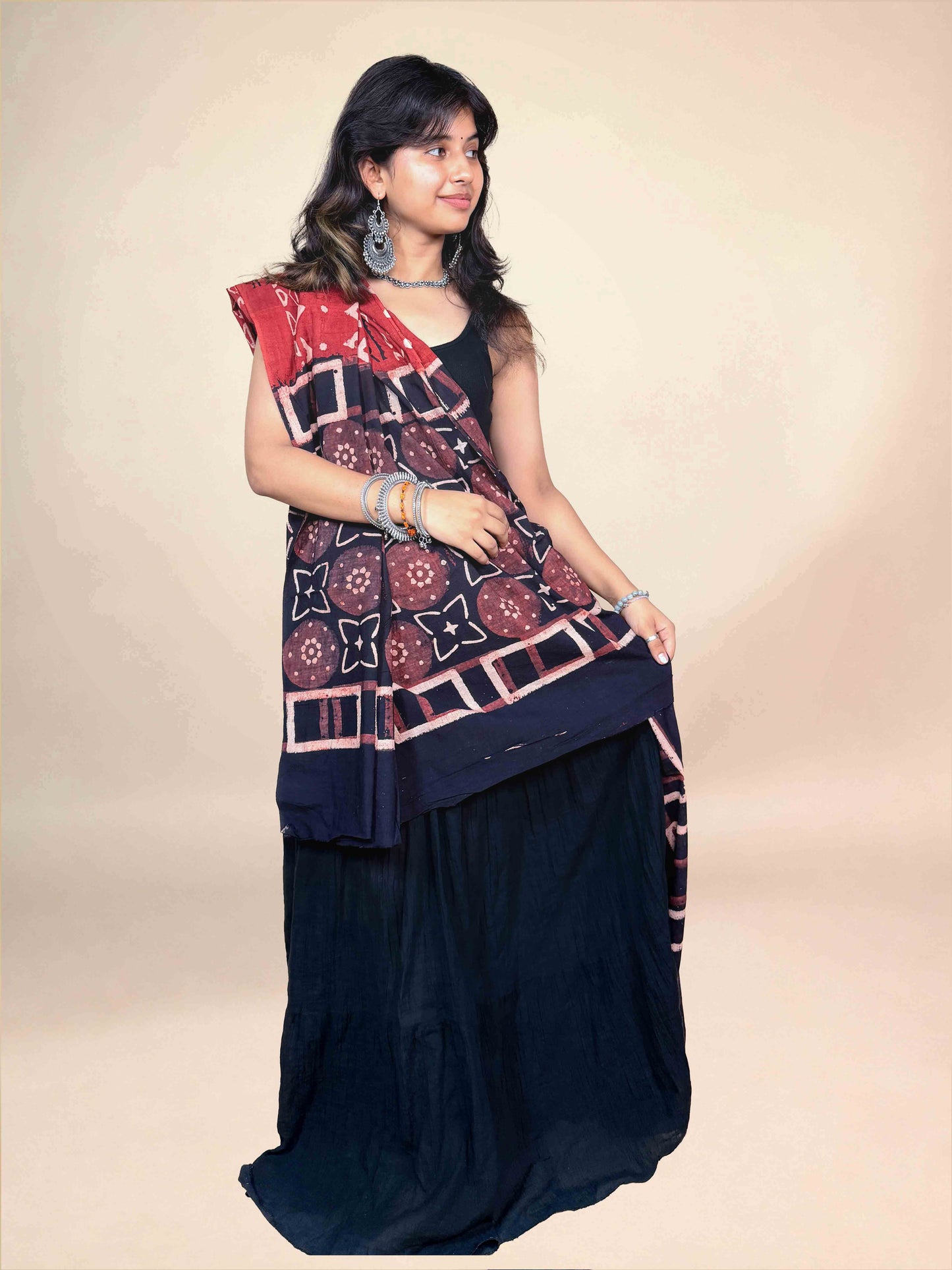 Black And Maroon Handblock Printed Cotton Dupatta