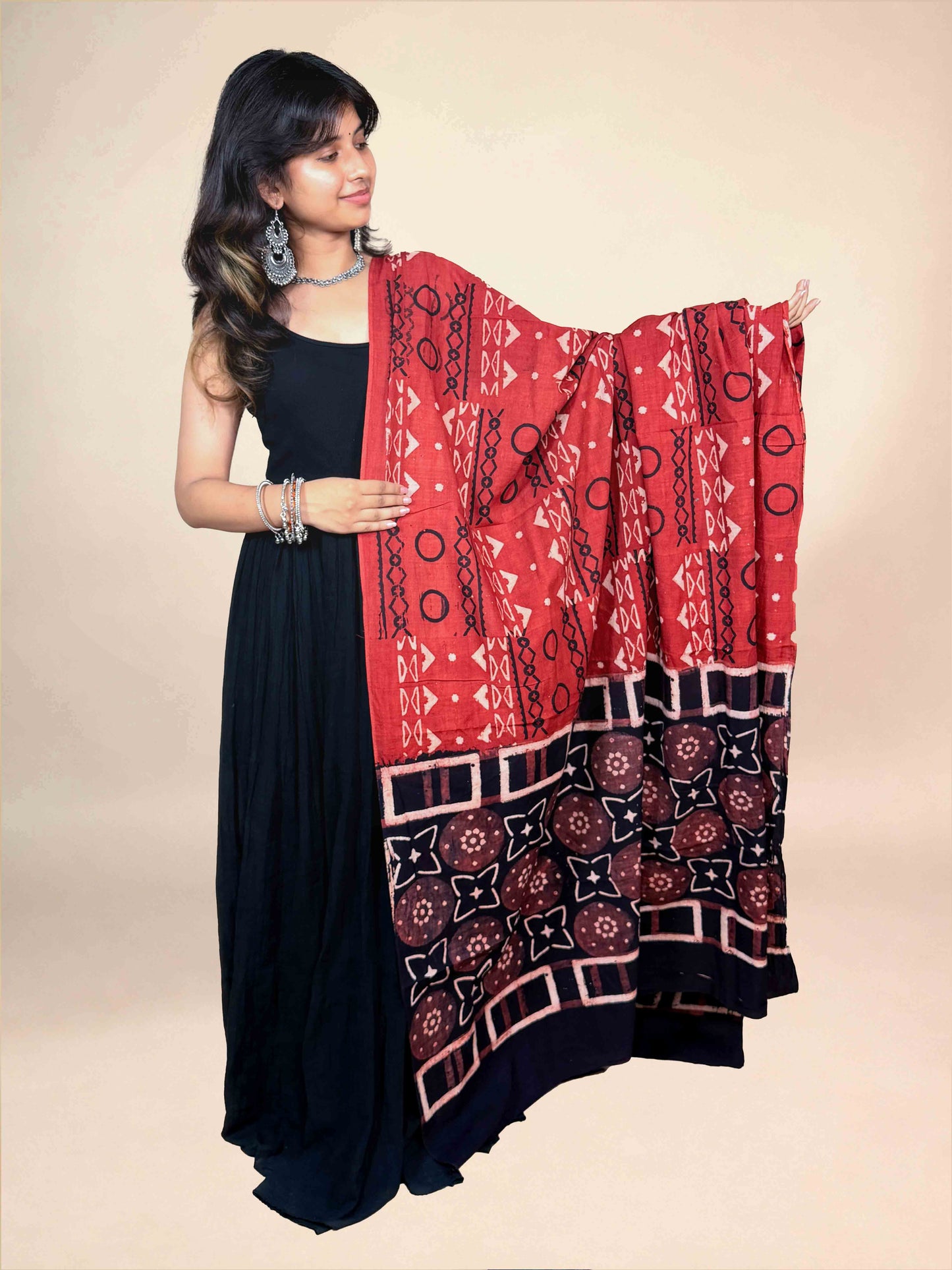 Black And Maroon Handblock Printed Cotton Dupatta