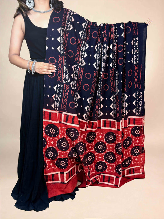 Black And Maroon Handblock Printed Cotton Dupatta