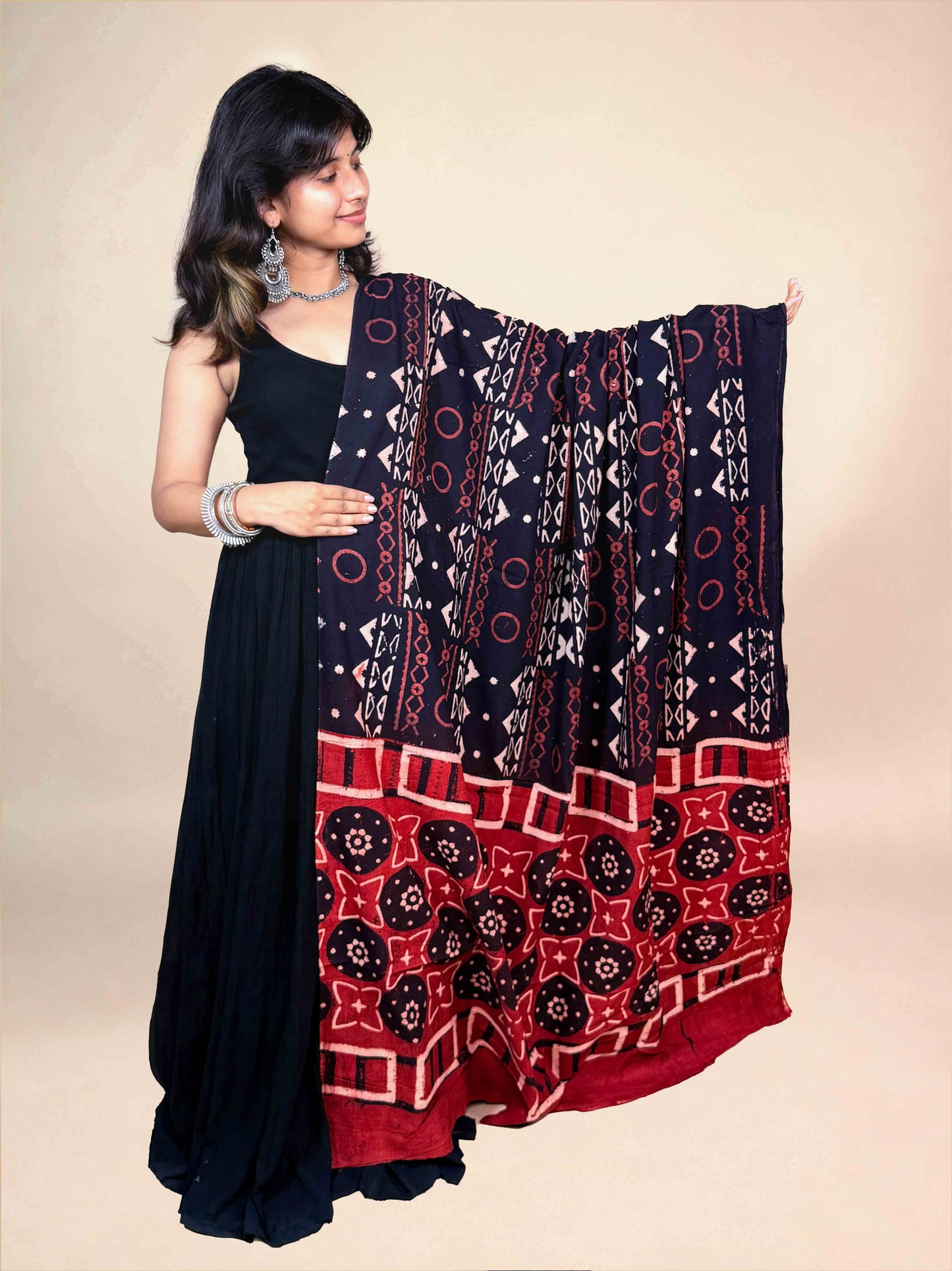 Black And Maroon Handblock Printed Cotton Dupatta