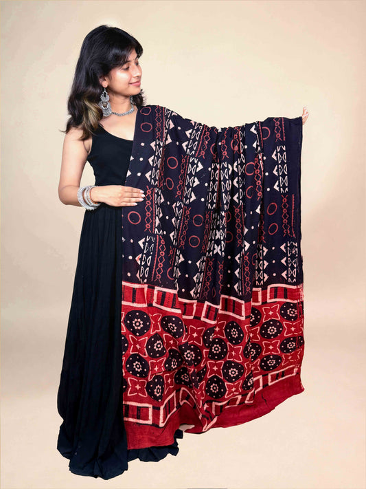 Black And Maroon Handblock Printed Cotton Dupatta