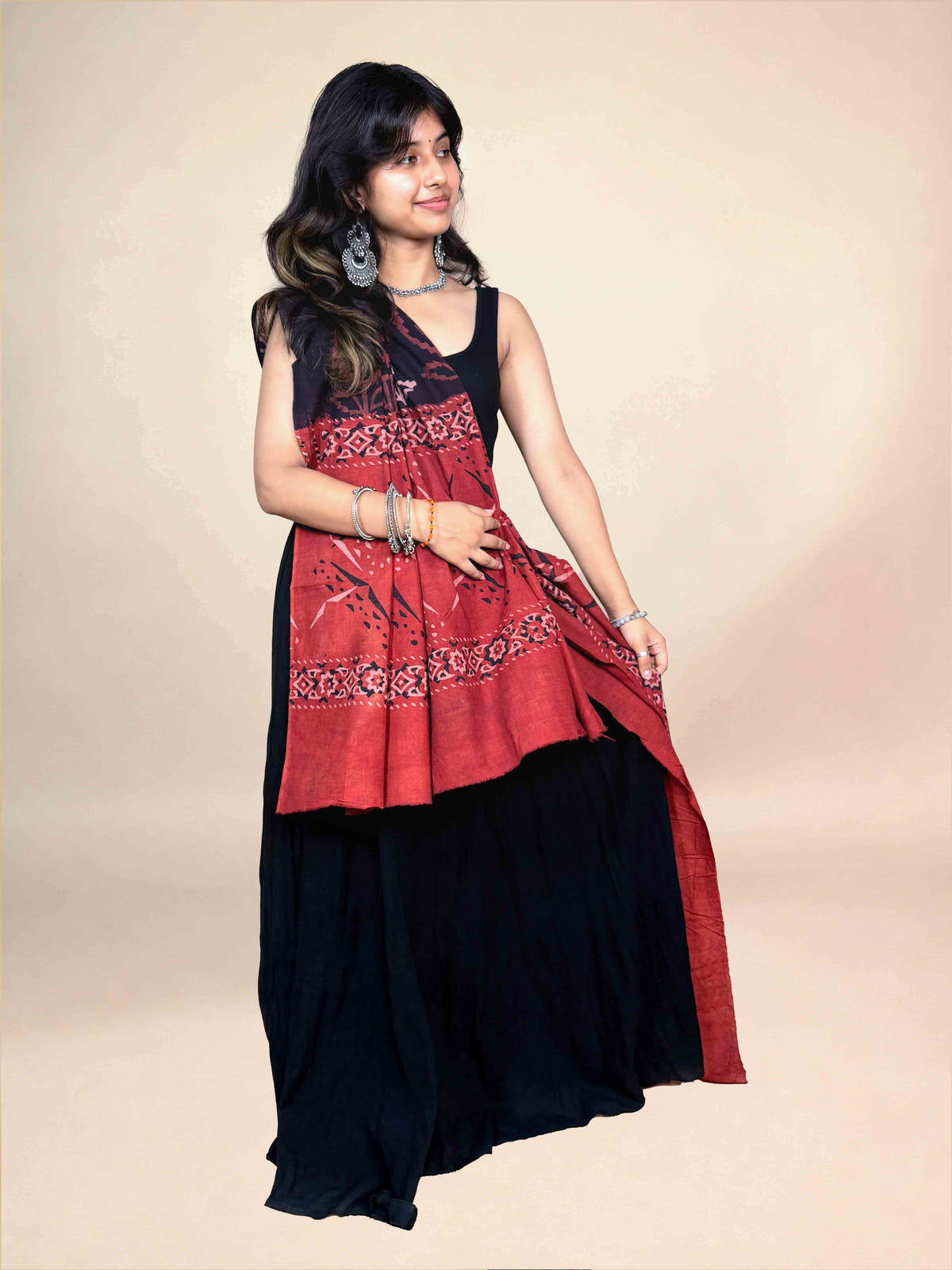 Black And Maroon Handblock Printed Cotton Dupatta
