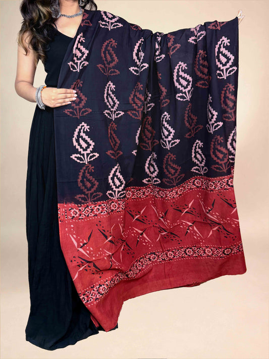 Black And Maroon Handblock Printed Cotton Dupatta