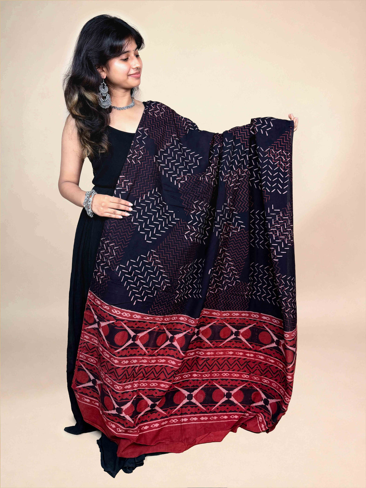 Black And Maroon Handblock Printed Cotton Dupatta