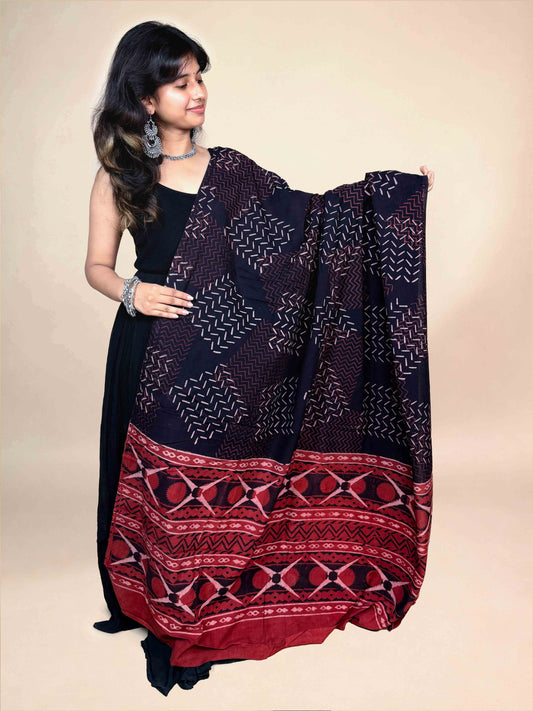 Black And Maroon Handblock Printed Cotton Dupatta