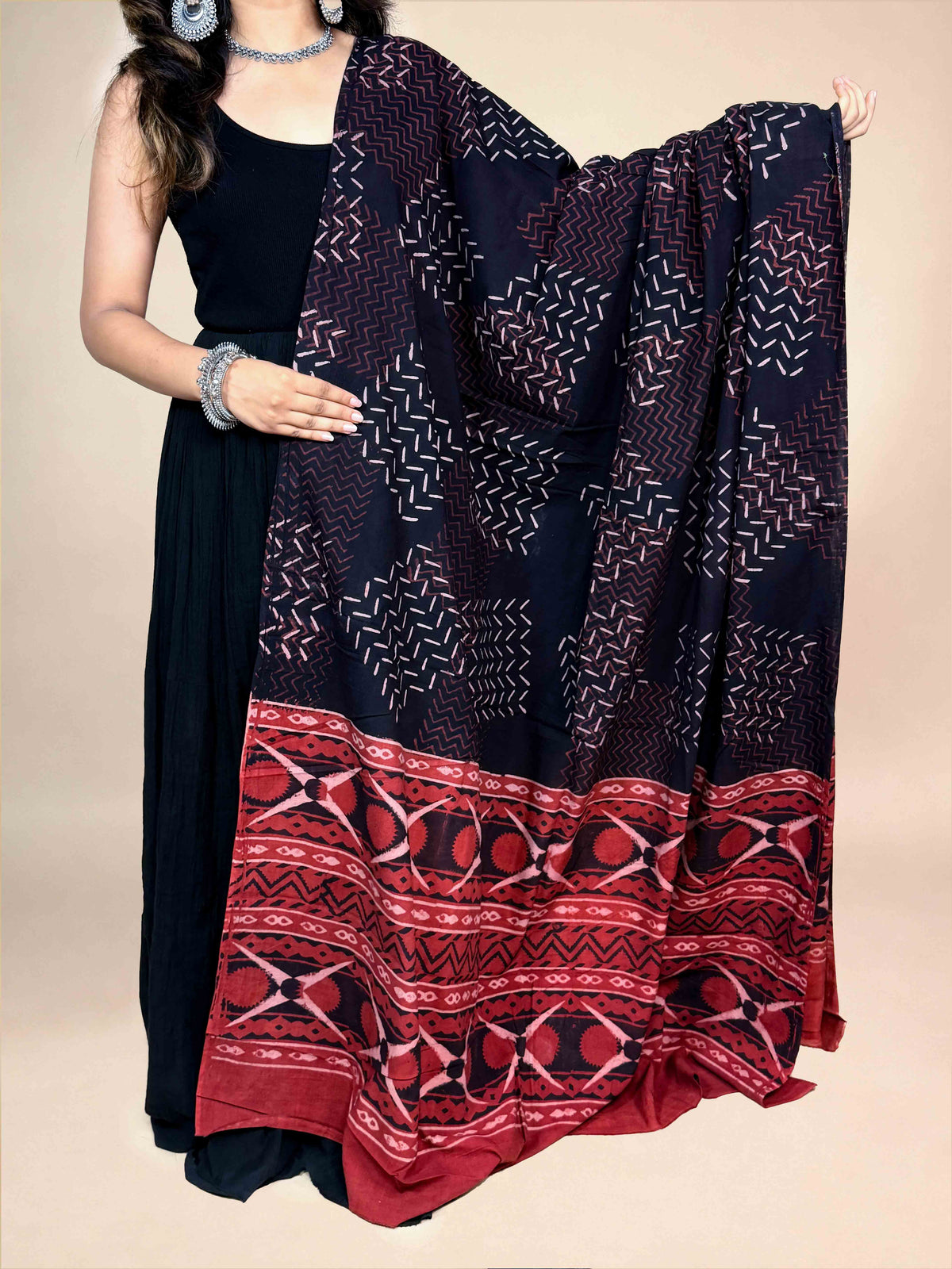 Black And Maroon Handblock Printed Cotton Dupatta